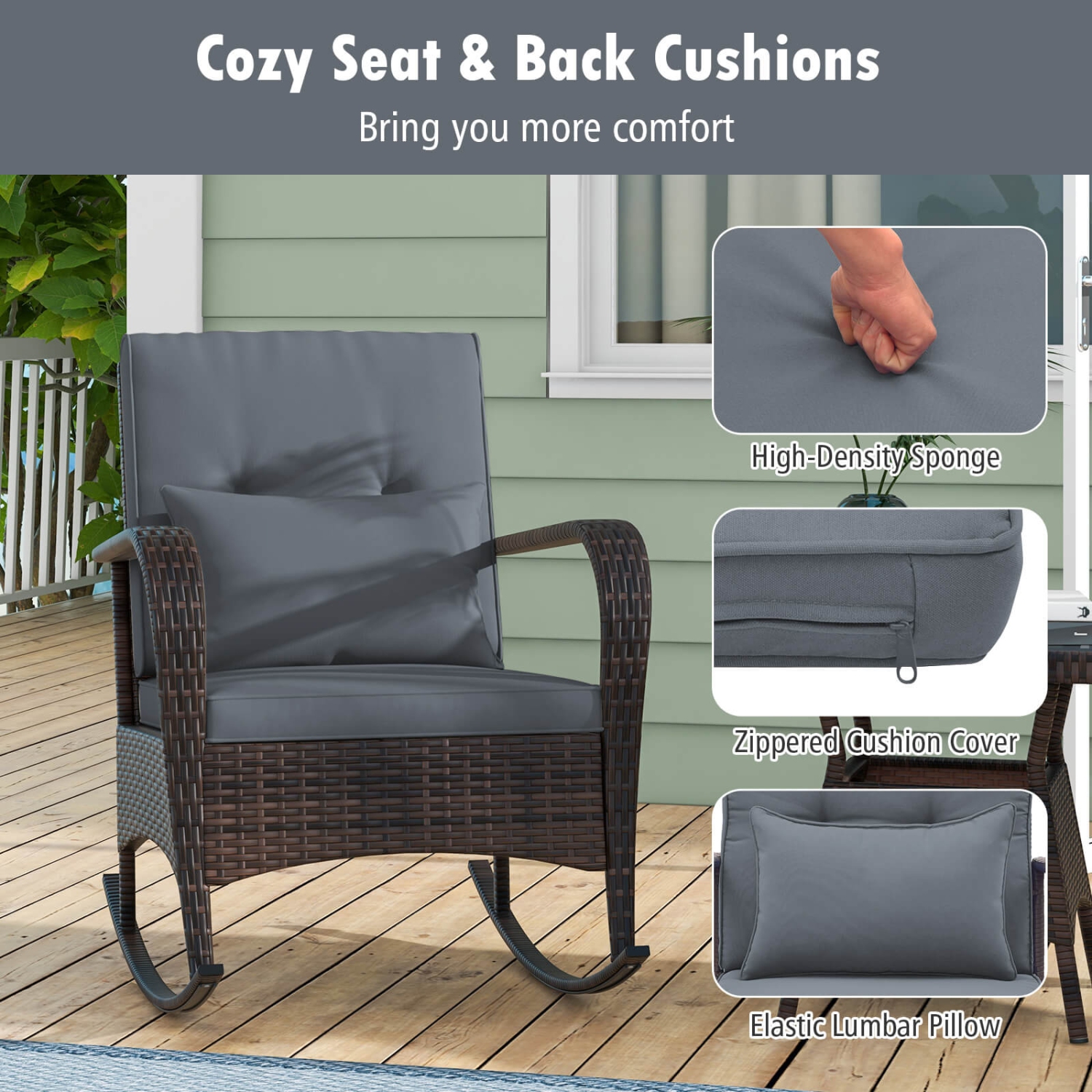 Costway 3 PCS Rocking Bistro Set with Removable Cushions & Tempered Glass Top Coffee Table