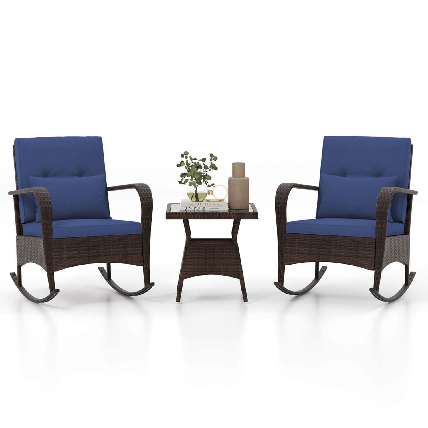 Costway 3 PCS Rocking Bistro Set with Removable Cushions & Tempered Glass Top Coffee Table