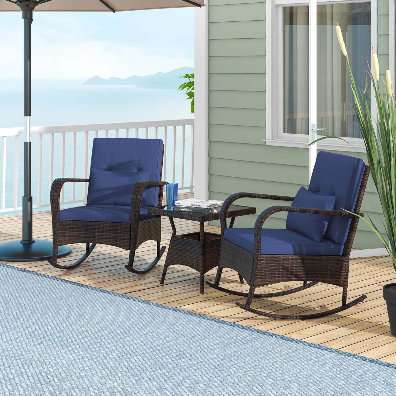 Costway 3 PCS Rocking Bistro Set with Removable Cushions & Tempered Glass Top Coffee Table