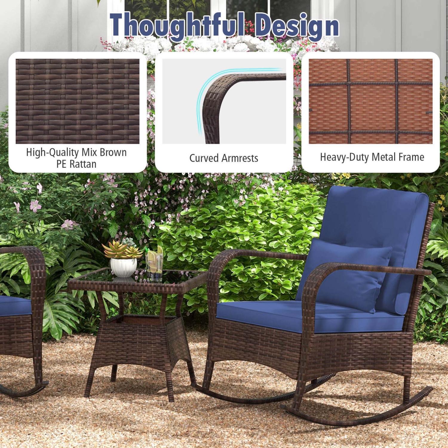 Costway 3 PCS Rocking Bistro Set with Removable Cushions & Tempered Glass Top Coffee Table