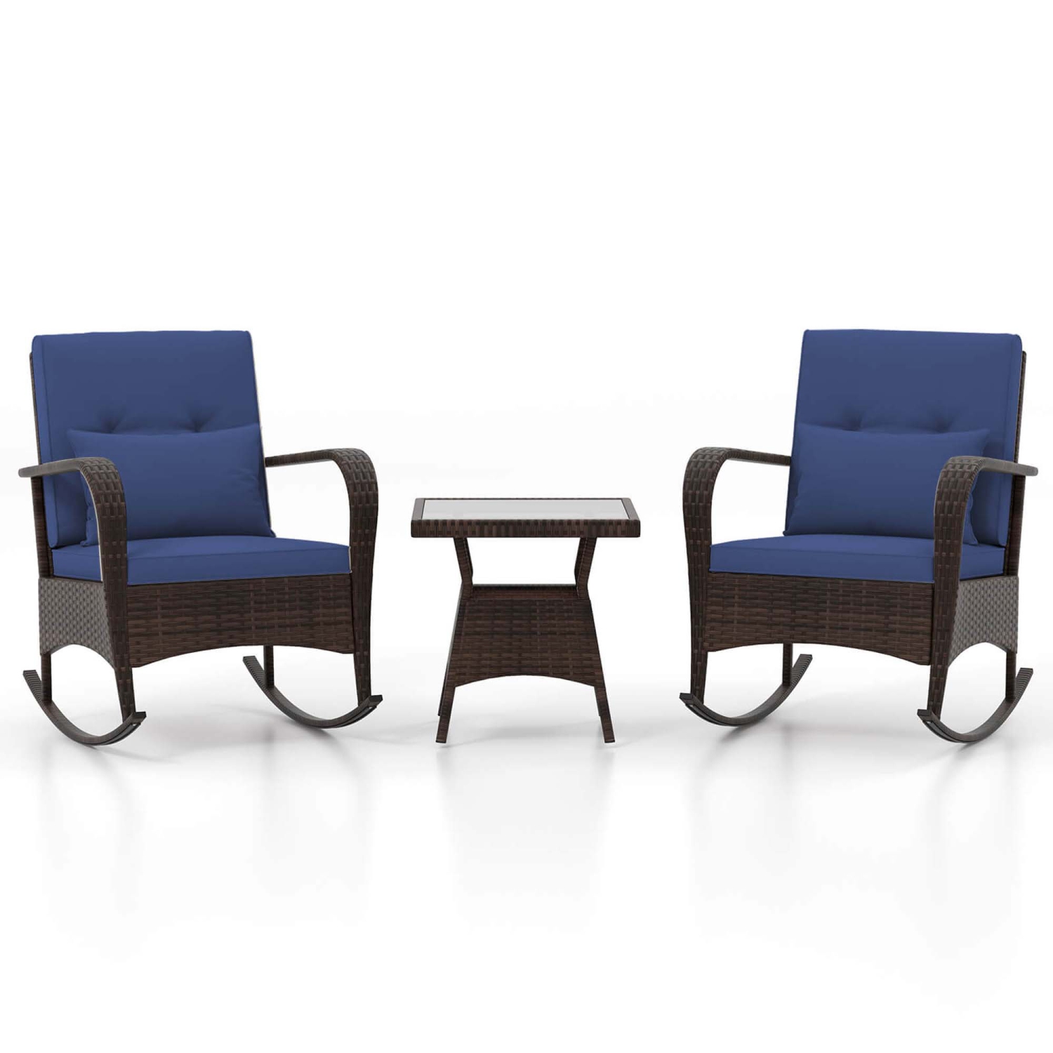 Costway 3 PCS Rocking Bistro Set with Removable Cushions & Tempered Glass Top Coffee Table