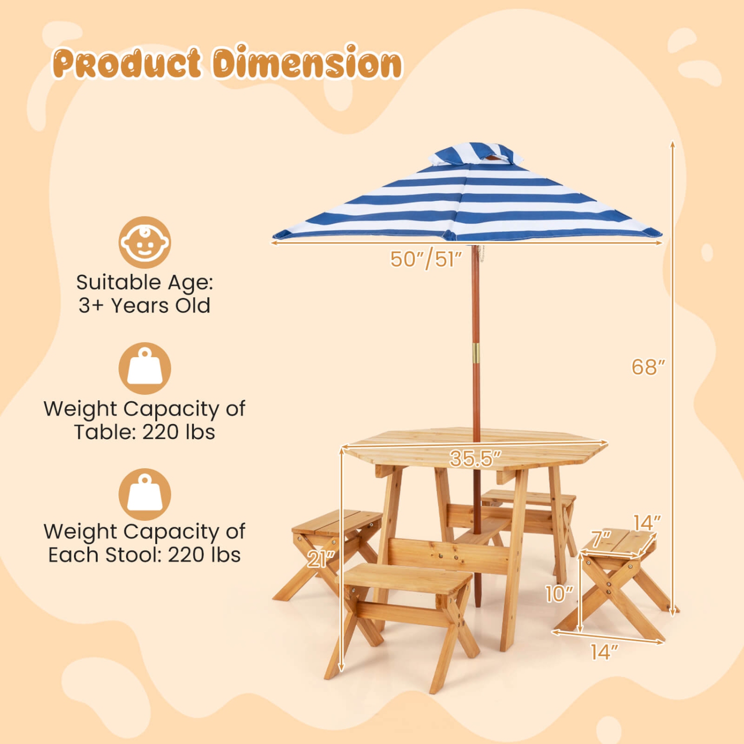 Ensemble avec table en bois pour enfants, table octogonale, 4 tabourets et parasol ajustable amovible de Costway