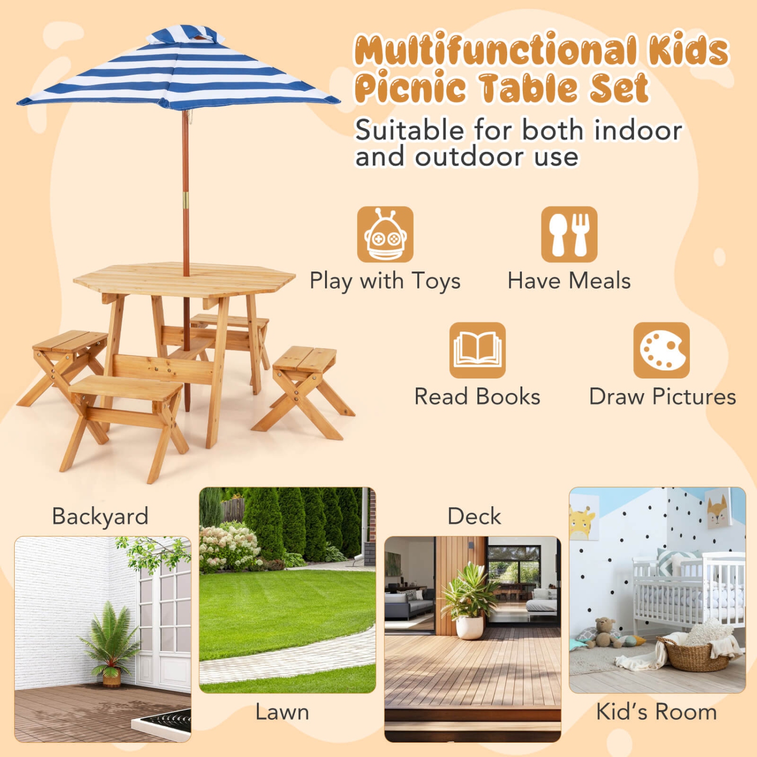 Ensemble avec table en bois pour enfants, table octogonale, 4 tabourets et parasol ajustable amovible de Costway