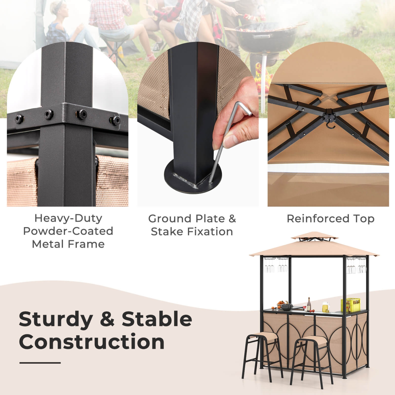 Ensemble de bar de patio 3 pièces avec table de bar en verre trempé et tablettes de rangement en métal de Costway pour le jardin