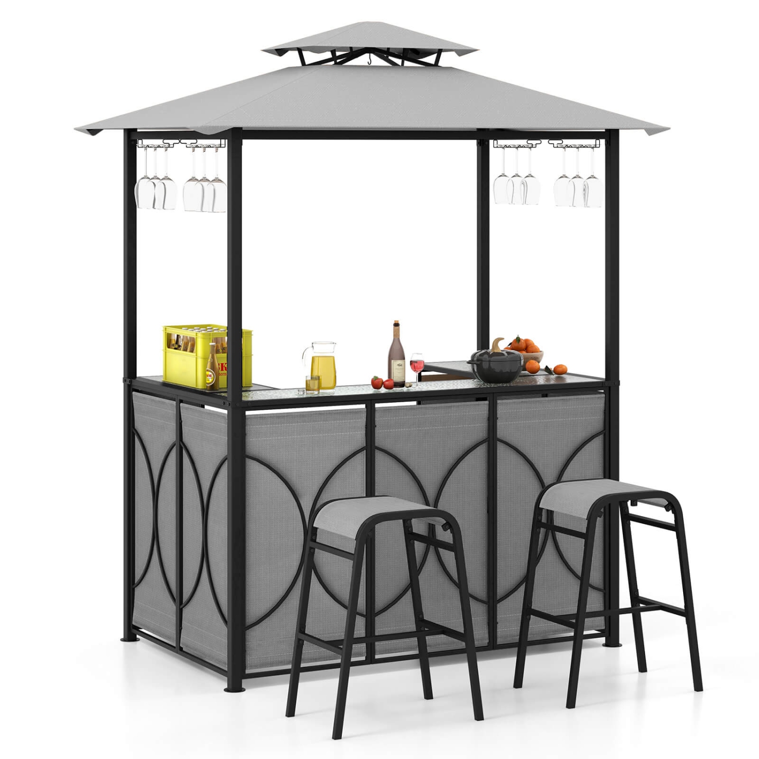 Costway 3 PCS Patio Bar Set with Tempered Glass Bar Table Metal Storage Shelves for Garden