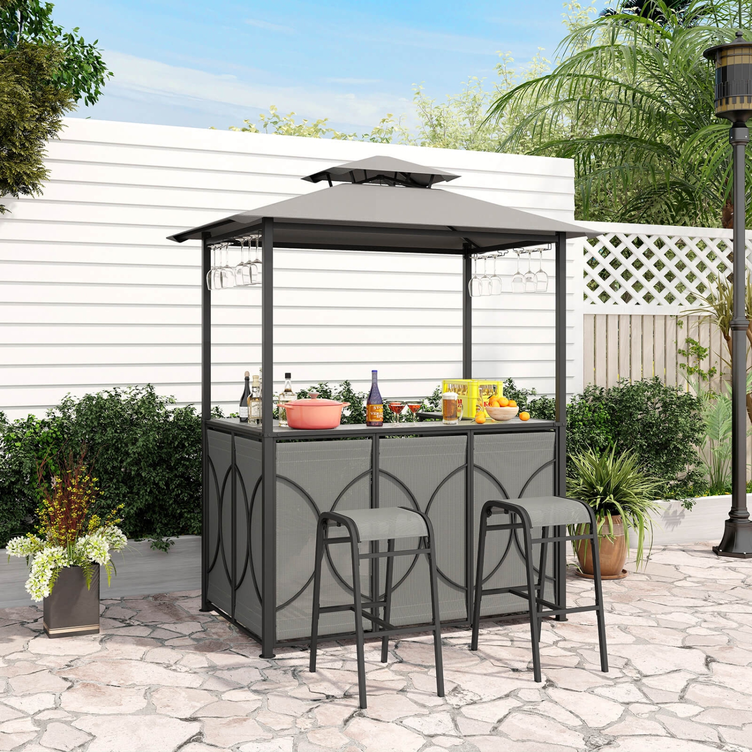 Costway 3 PCS Patio Bar Set with Tempered Glass Bar Table Metal Storage Shelves for Garden