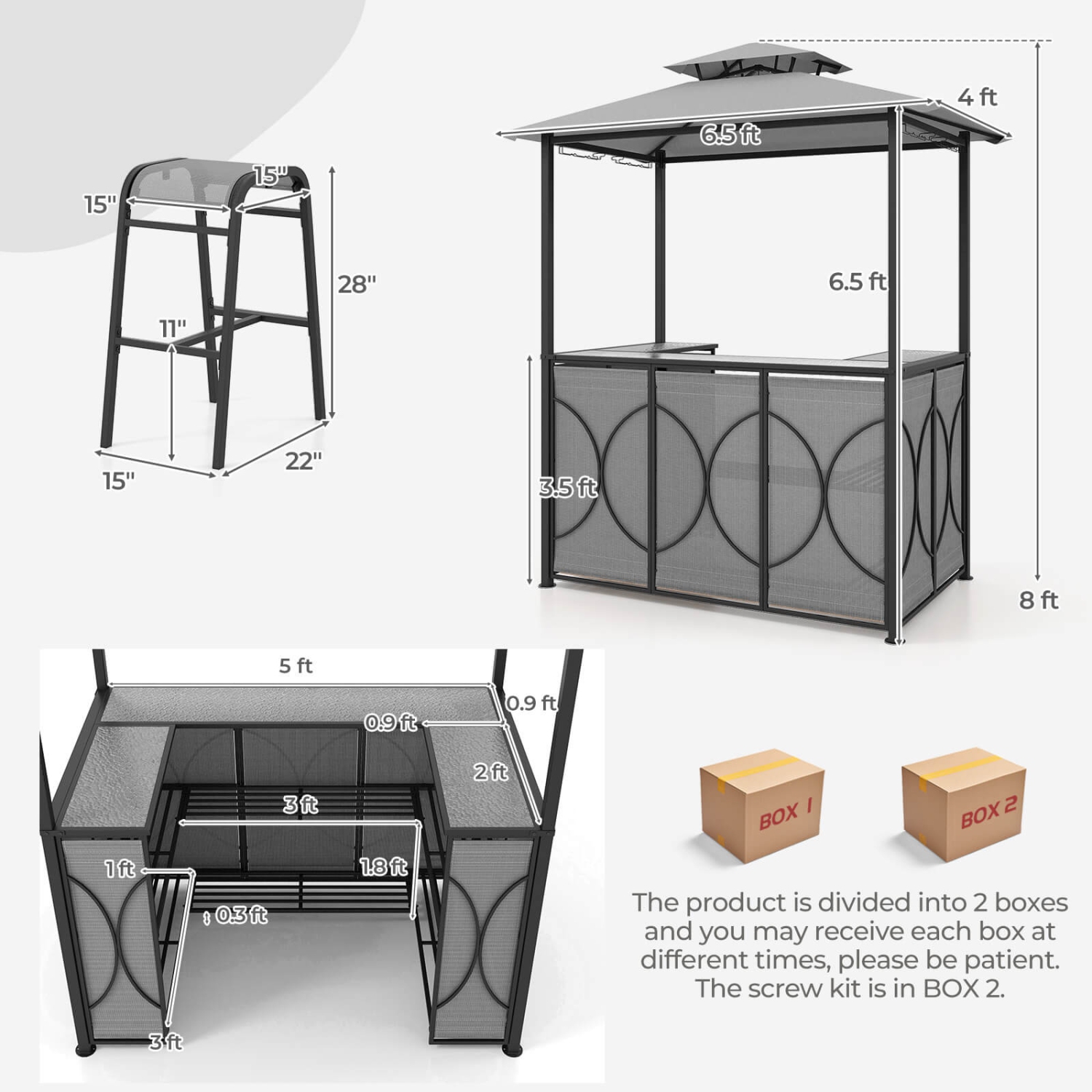 Costway 3 PCS Patio Bar Set with Tempered Glass Bar Table Metal Storage Shelves for Garden