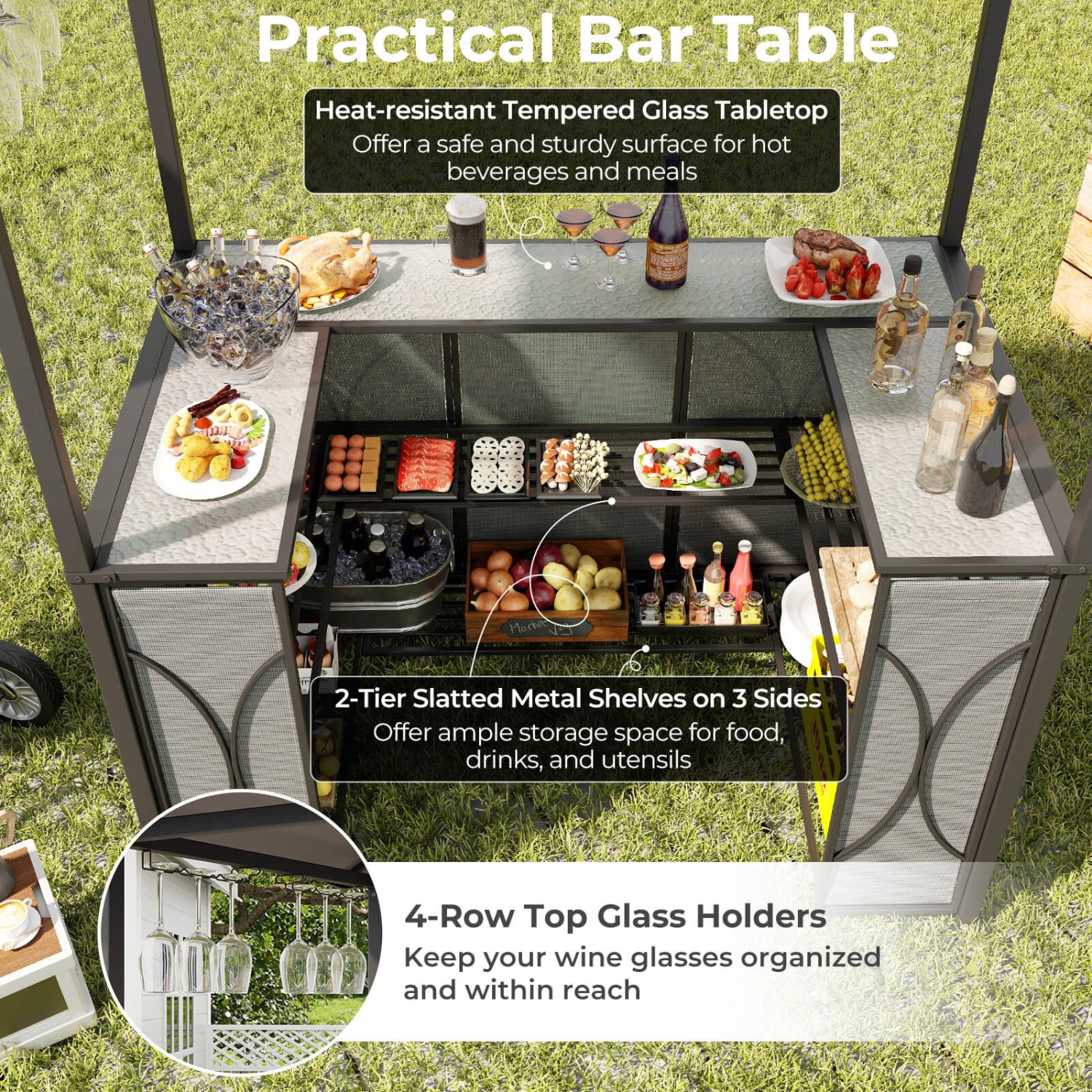 Costway 3 PCS Patio Bar Set with Tempered Glass Bar Table Metal Storage Shelves for Garden