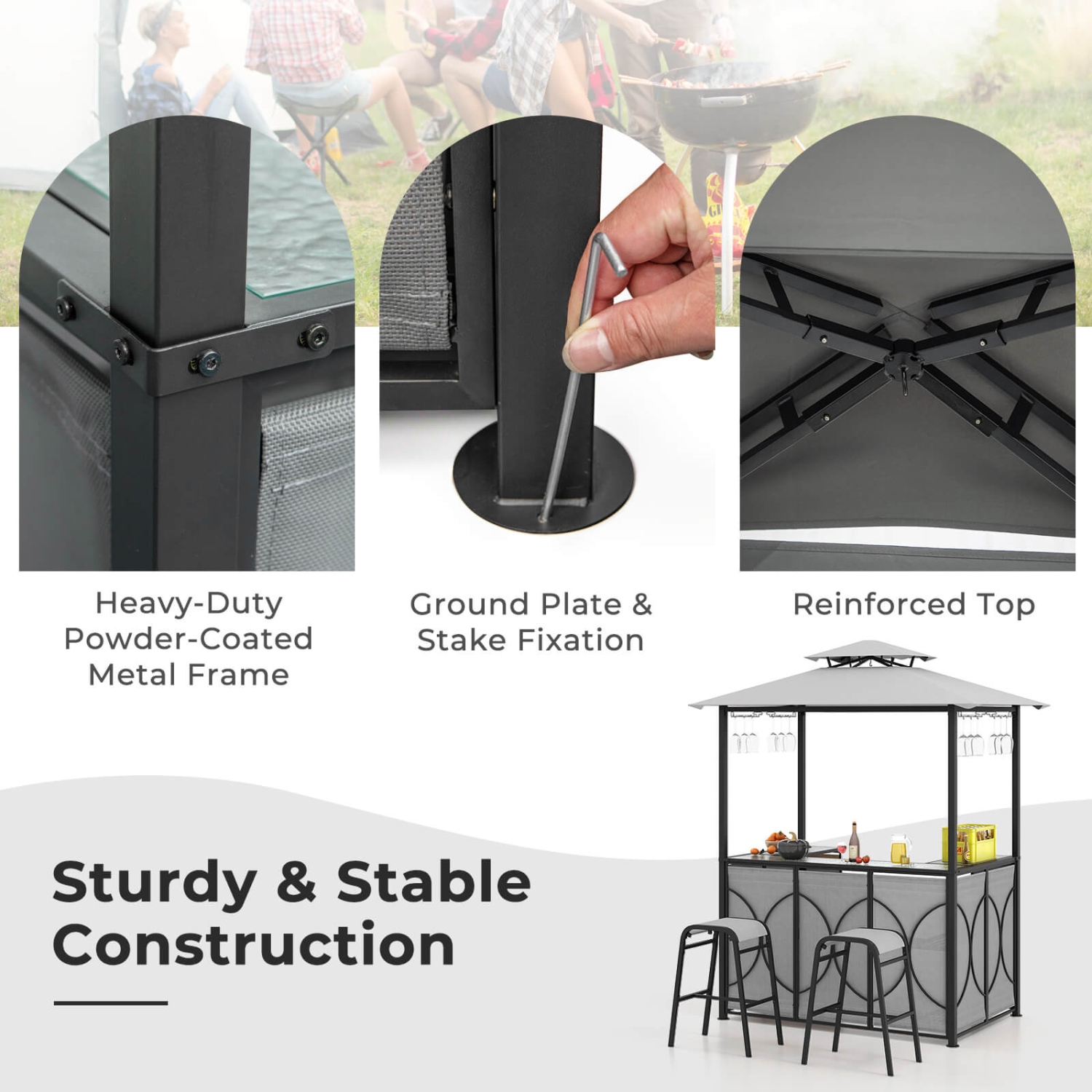 Costway 3 PCS Patio Bar Set with Tempered Glass Bar Table Metal Storage Shelves for Garden