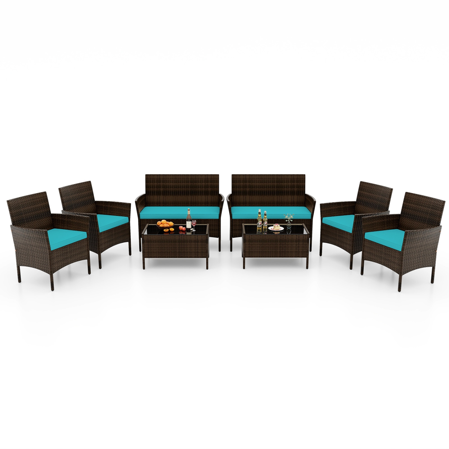 Costway 8 PCS Patio Furniture Set with Washable Cushions and Tempered Glass Coffee Table