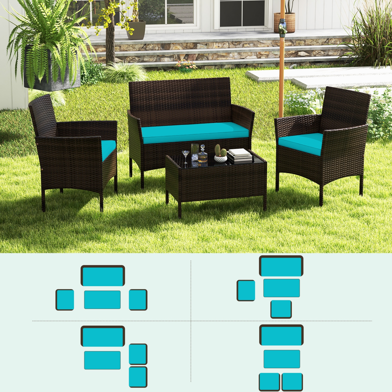 Costway 8 PCS Patio Furniture Set with Washable Cushions and Tempered Glass Coffee Table