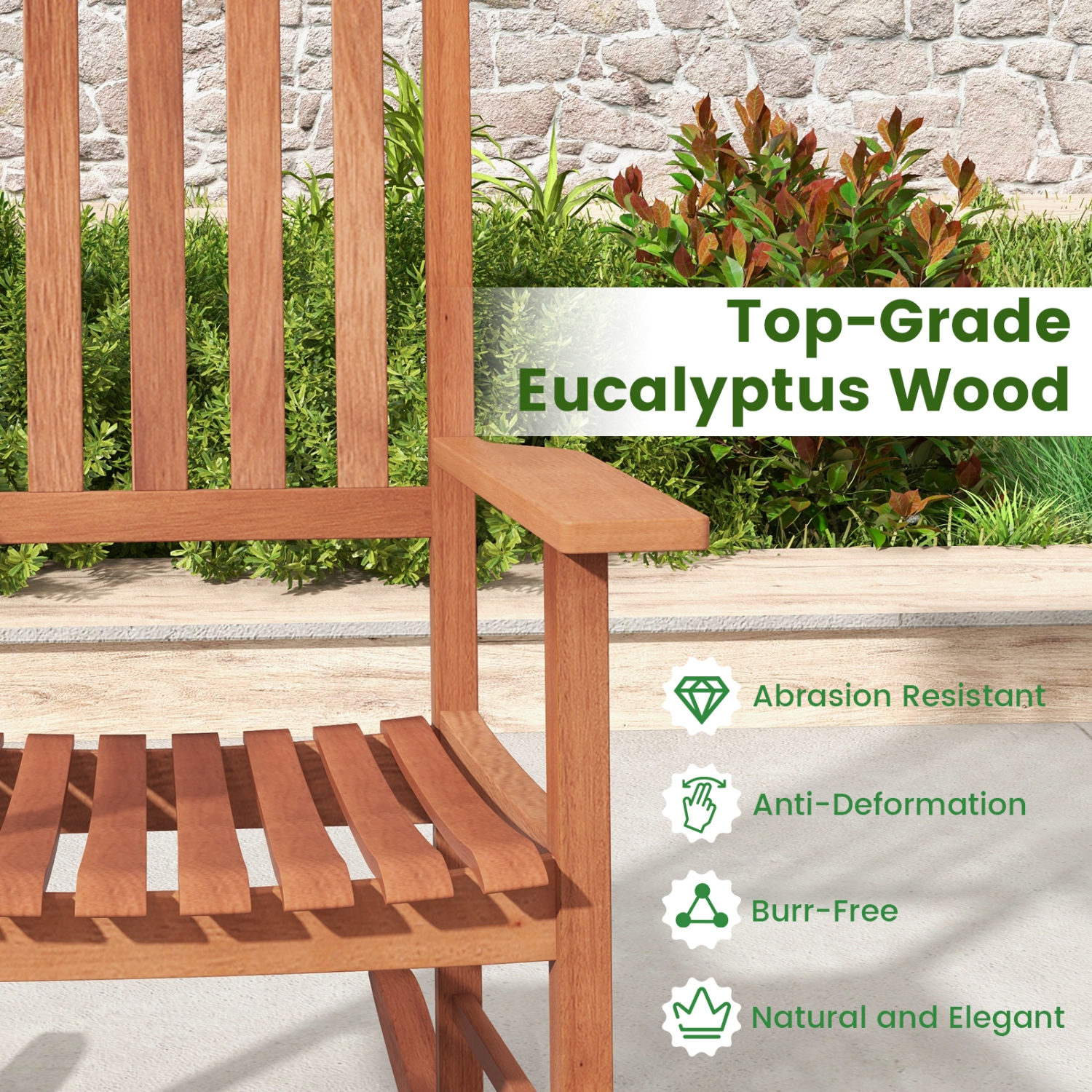 Chaise berçante de patio ergonomique en bois d'eucalyptus 1PC de Costway