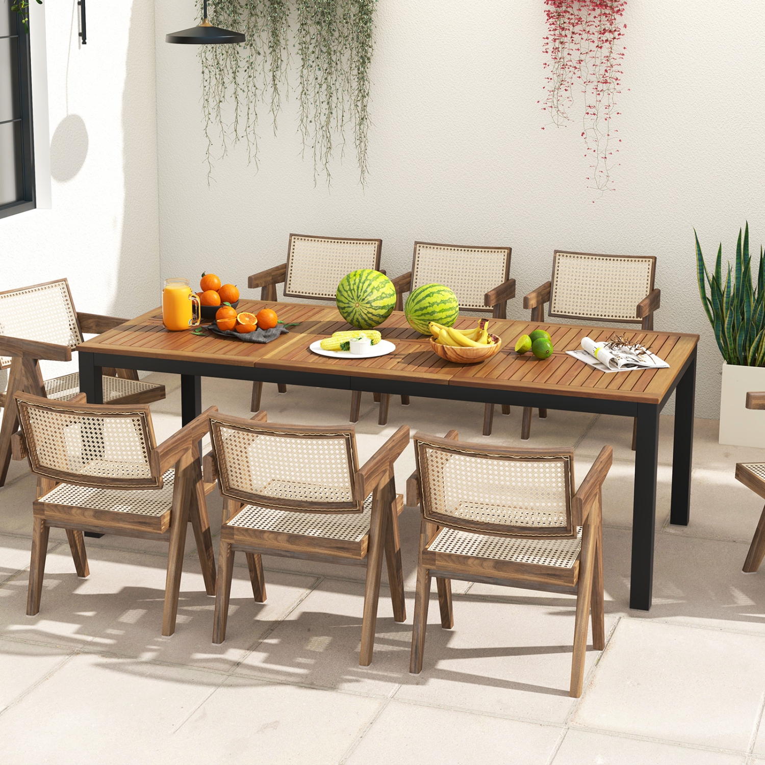 Costway 79" Acacia Wood Patio Table 8-Person Outdoor Dining Table with Umbrella Hole