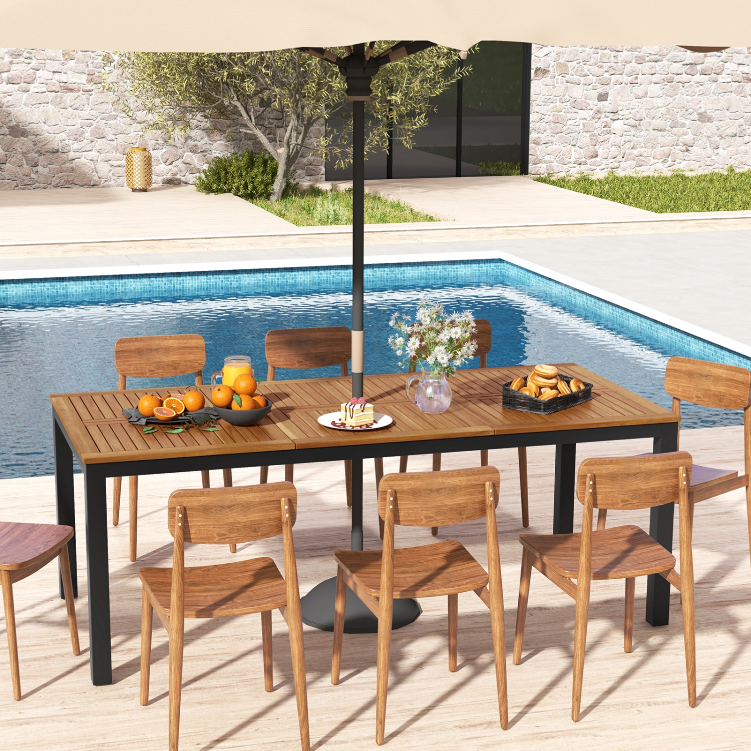 Costway 79" Acacia Wood Patio Table 8-Person Outdoor Dining Table with Umbrella Hole