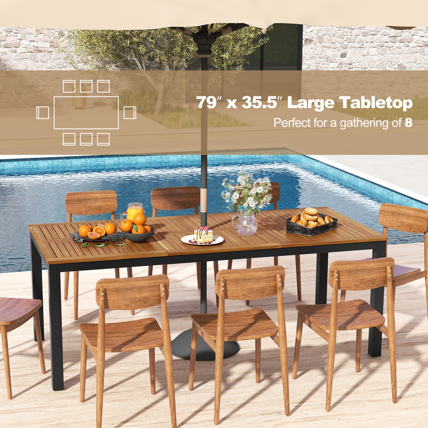 Costway 79" Acacia Wood Patio Table 8-Person Outdoor Dining Table with Umbrella Hole