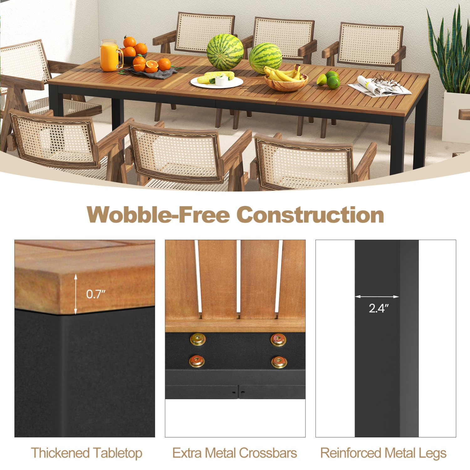 Costway 79" Acacia Wood Patio Table 8-Person Outdoor Dining Table with Umbrella Hole