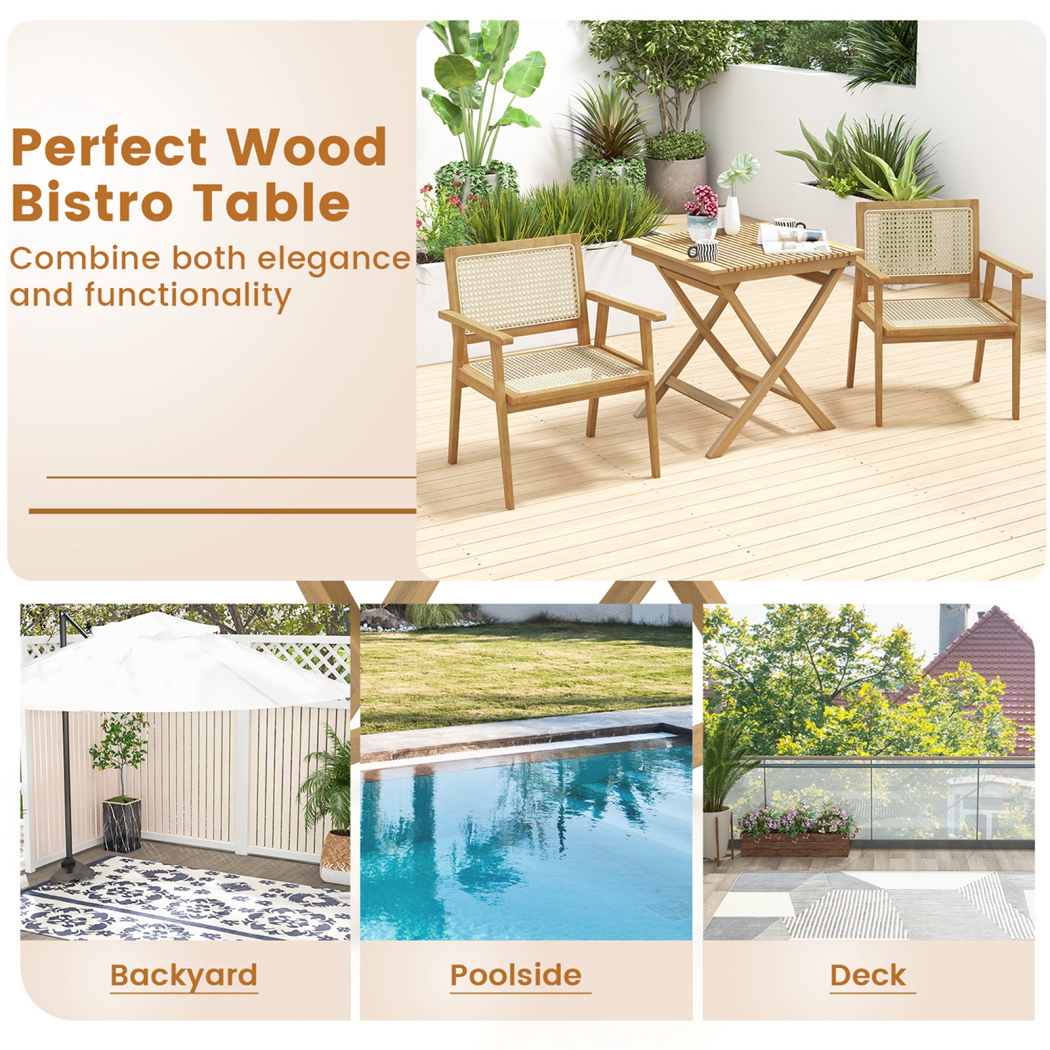Costway 27.5" Patio Bistro Table with Slatted Tabletop Indonesia Teak Wood & Thickened Top