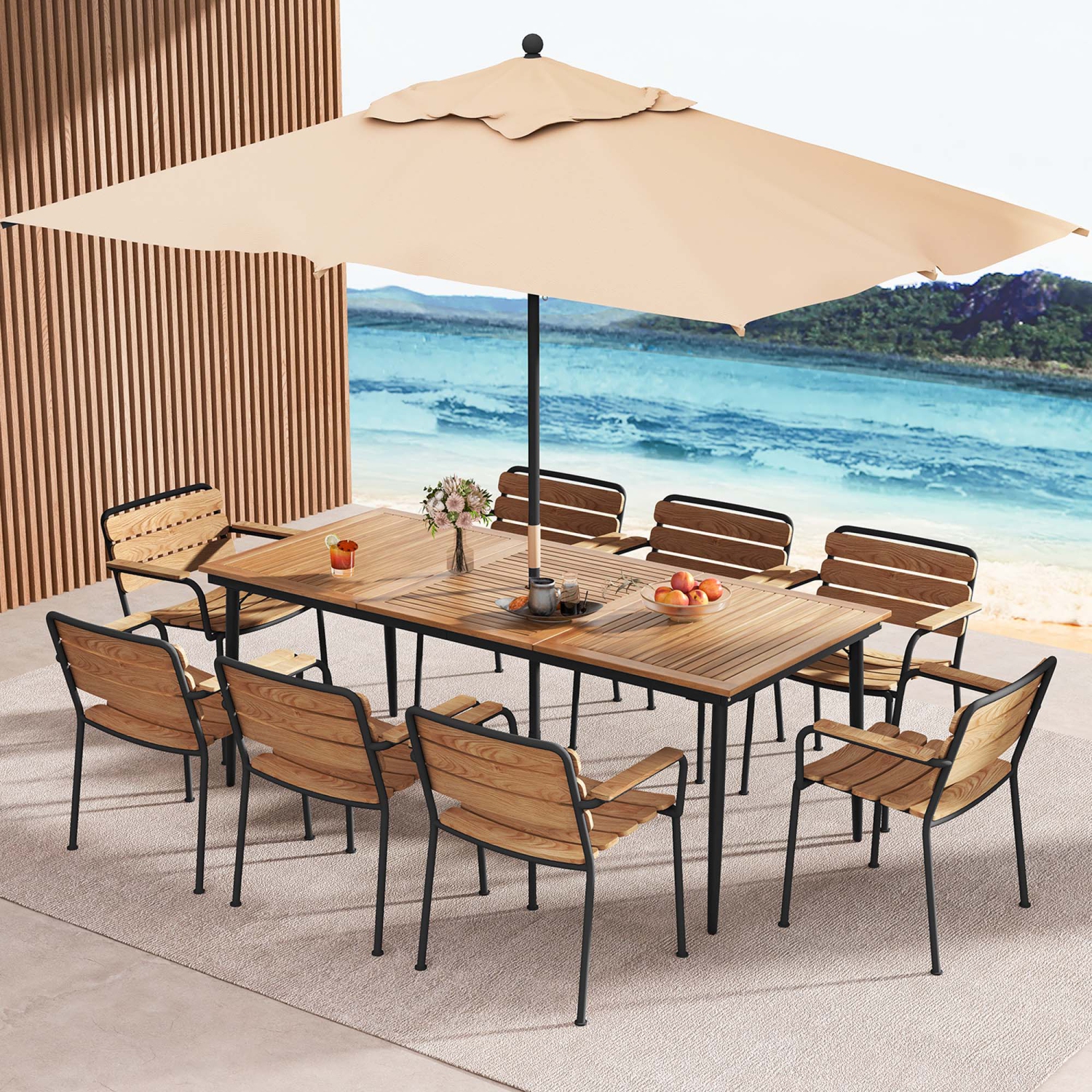 Costway 79" Outdoor Dining Table for 8 Acacia Wood Patio Table with 1.9" Umbrella Hole