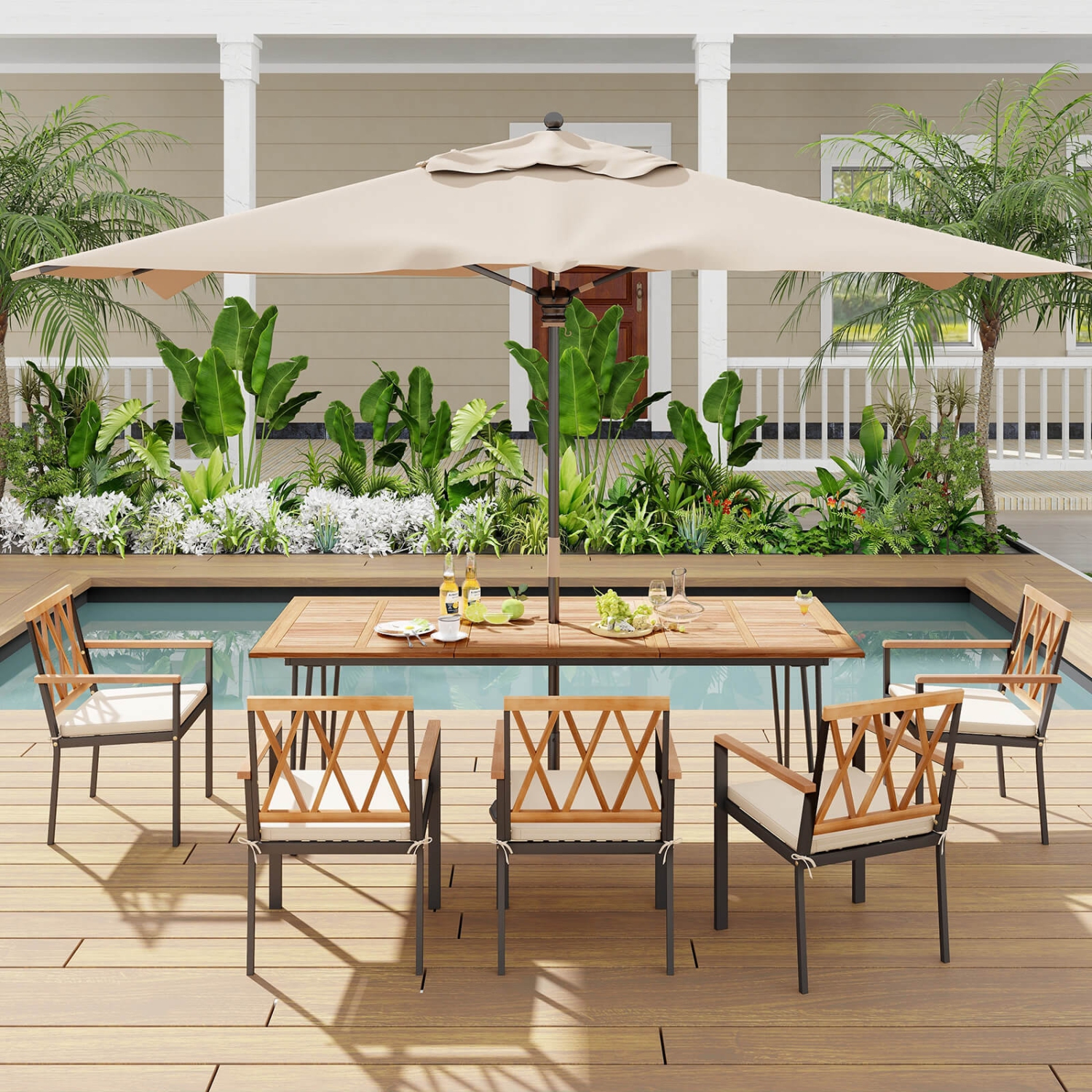 Costway 86.5-Inch Outdoor Dining Table with Acacia Wood Tabletop & Metal Legs Umbrella Hole