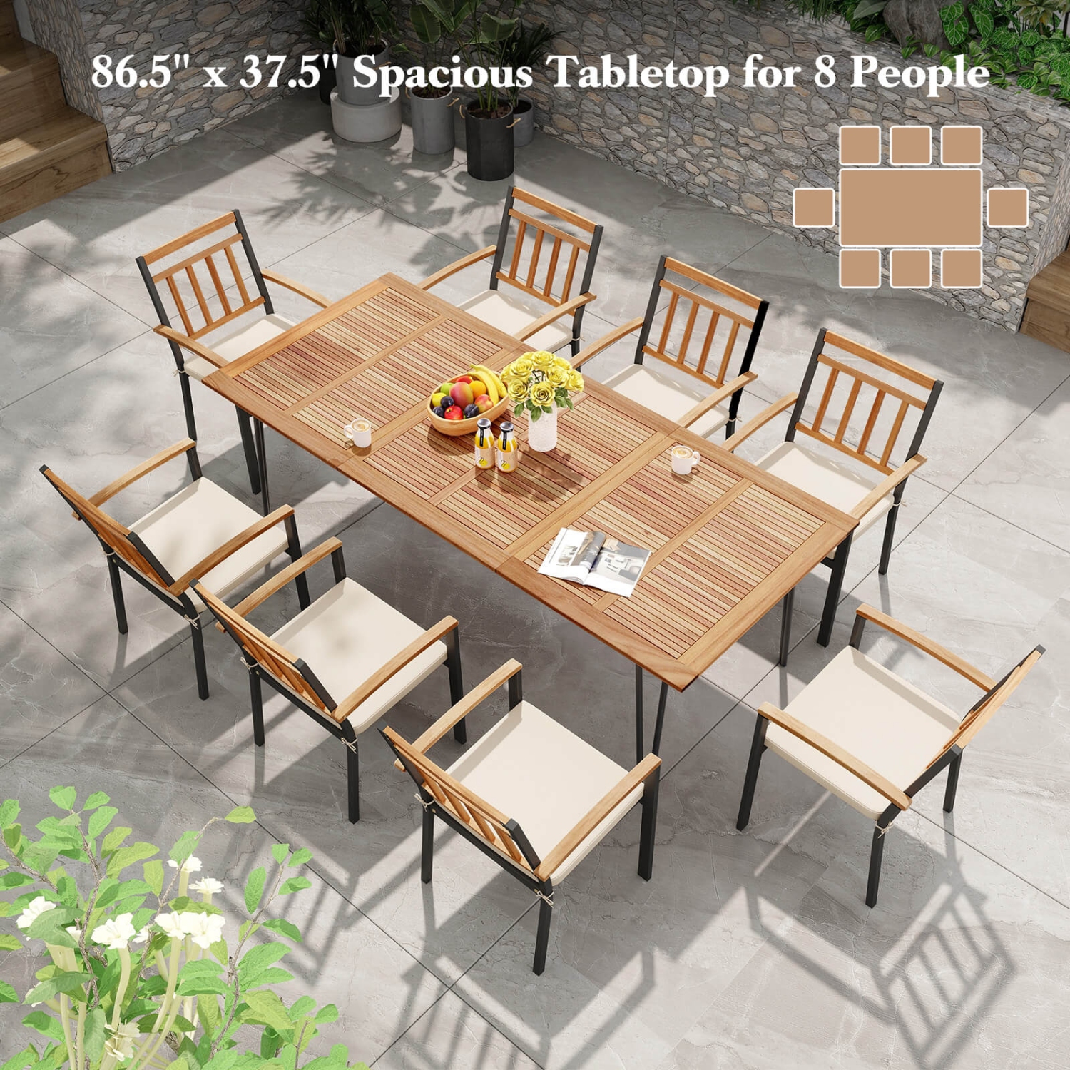Costway 86.5-Inch Outdoor Dining Table with Acacia Wood Tabletop & Metal Legs Umbrella Hole