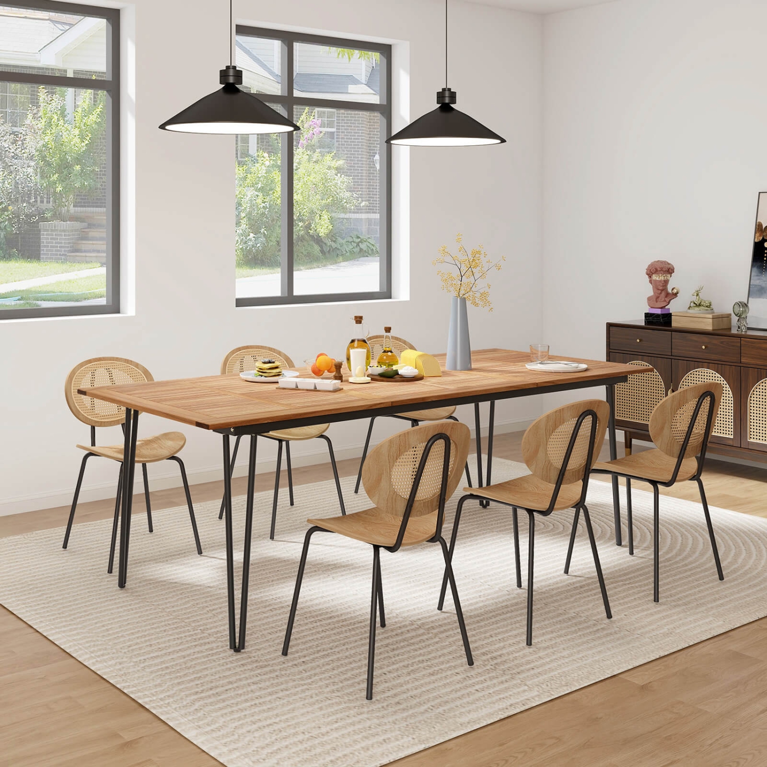 Costway 86.5-Inch Outdoor Dining Table with Acacia Wood Tabletop & Metal Legs Umbrella Hole