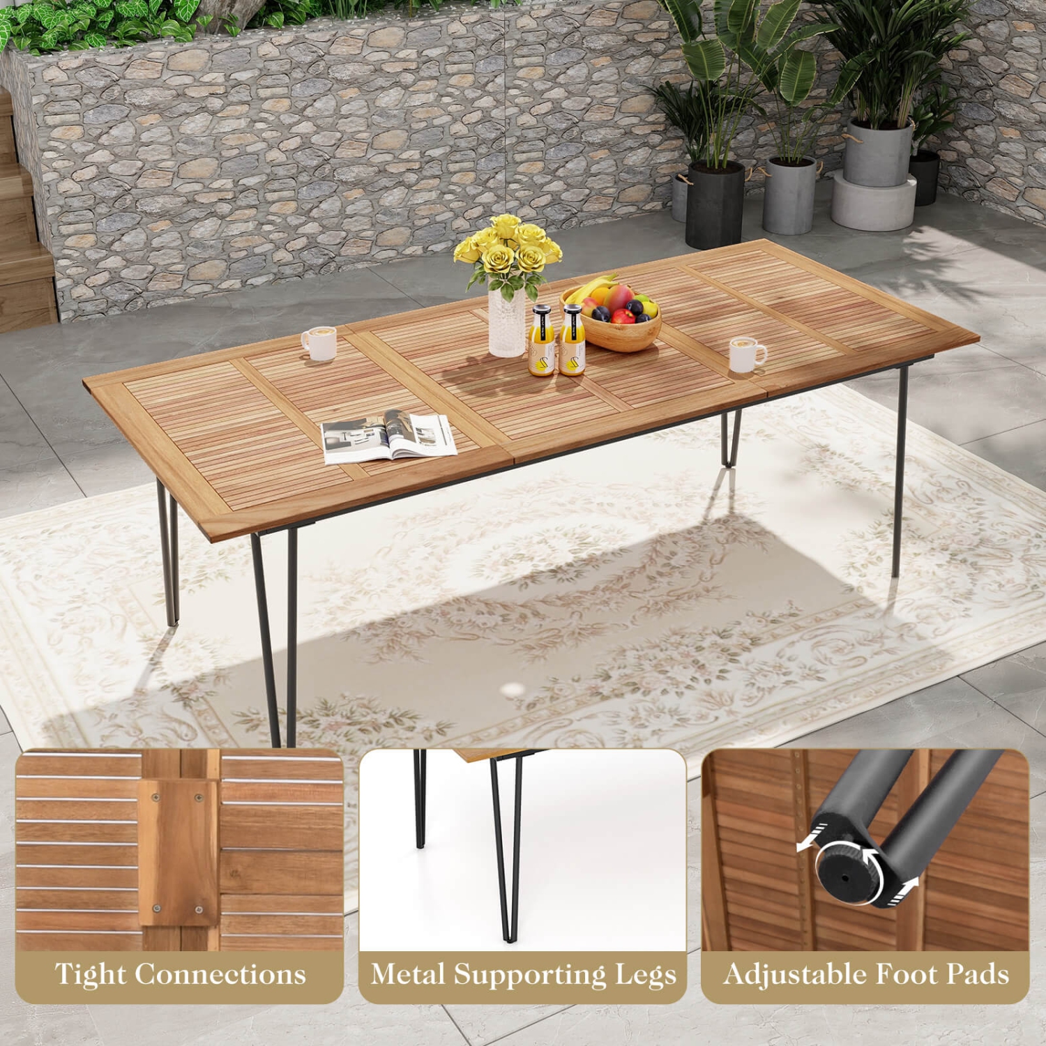 Costway 86.5-Inch Outdoor Dining Table with Acacia Wood Tabletop & Metal Legs Umbrella Hole