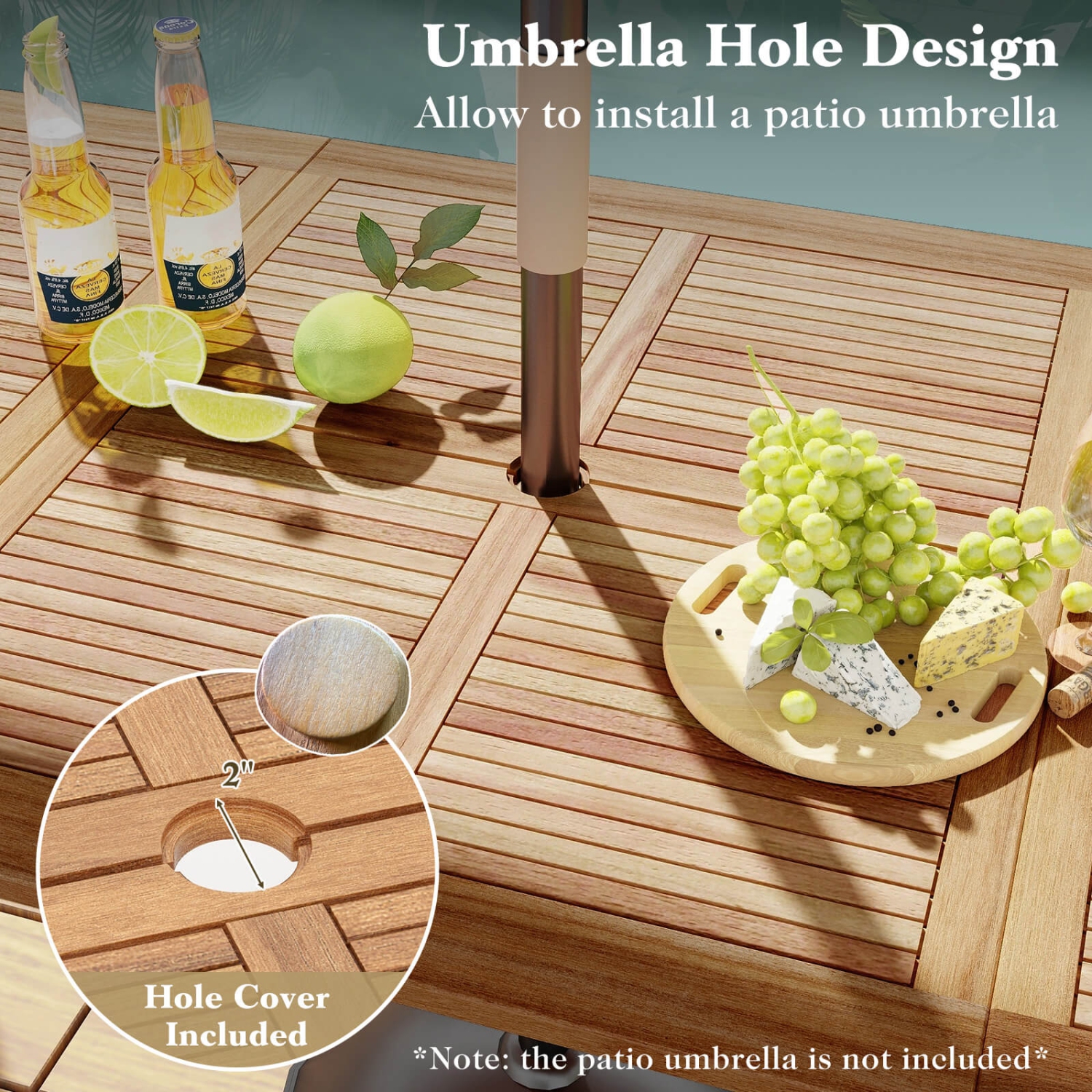 Costway 86.5-Inch Outdoor Dining Table with Acacia Wood Tabletop & Metal Legs Umbrella Hole