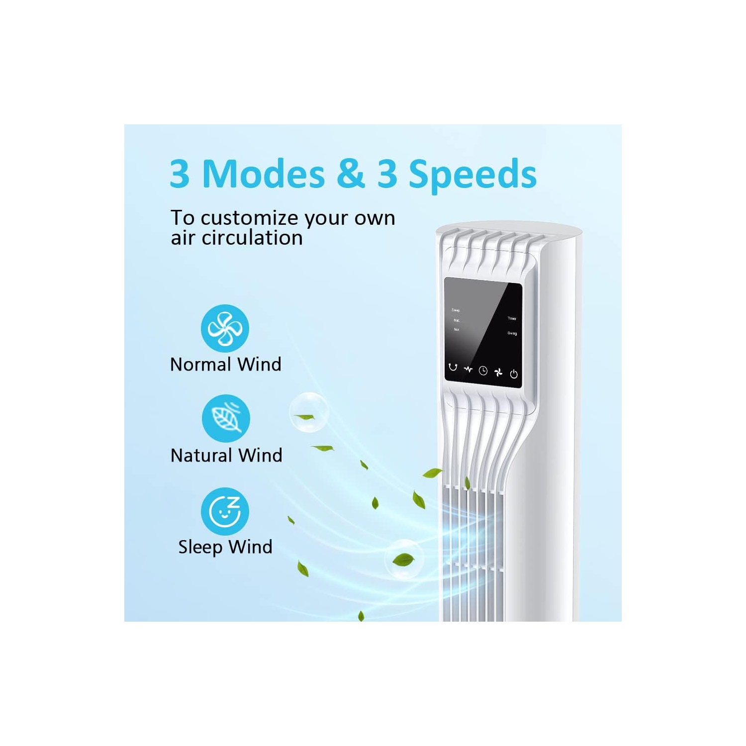 Trustech 36 po Ventilateur vertical oscillant à 3 vitesses et 3 modes avec télécommande, minuterie de 7,5 heures, économie d'espace en blanc