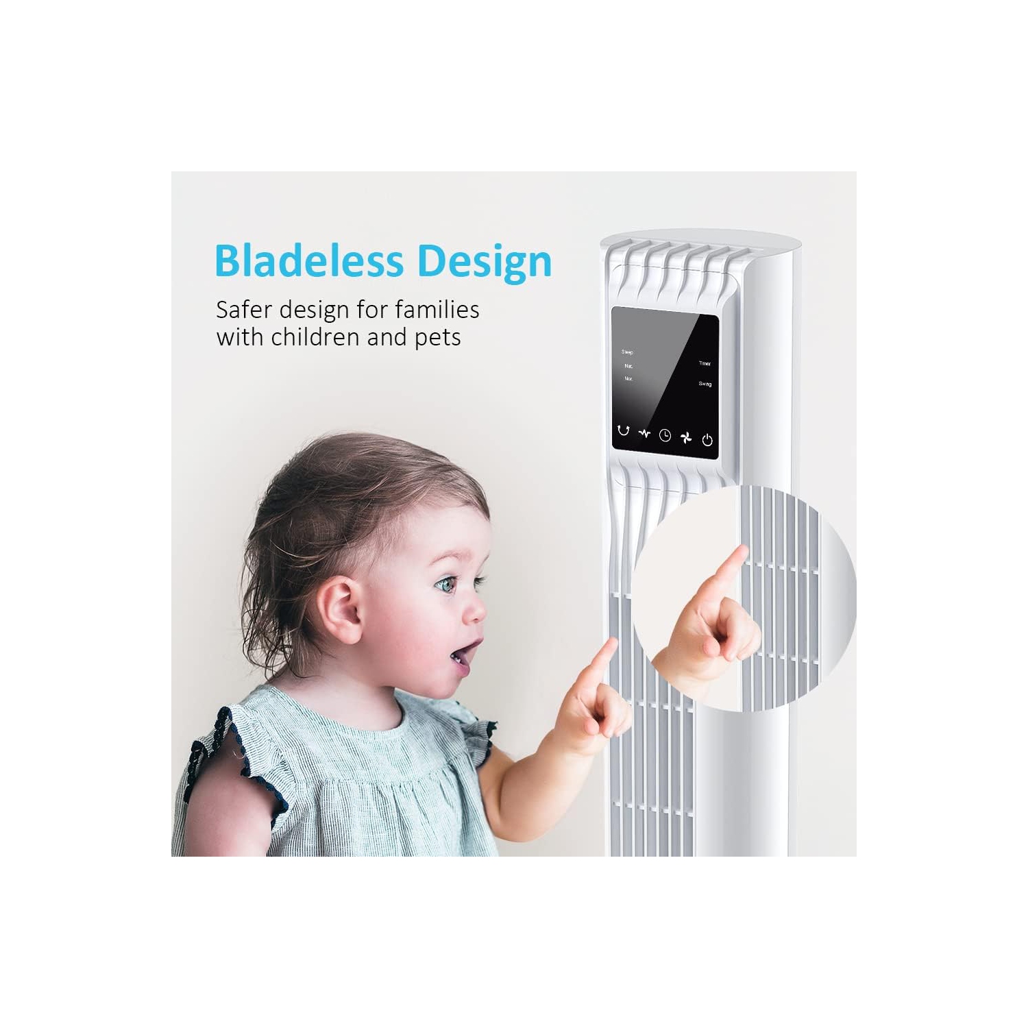 Trustech 36 po Ventilateur vertical oscillant à 3 vitesses et 3 modes avec télécommande, minuterie de 7,5 heures, économie d'espace en blanc