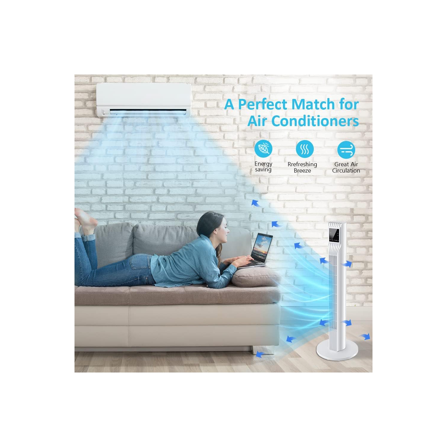 Trustech 36 po Ventilateur vertical oscillant à 3 vitesses et 3 modes avec télécommande, minuterie de 7,5 heures, économie d'espace en blanc