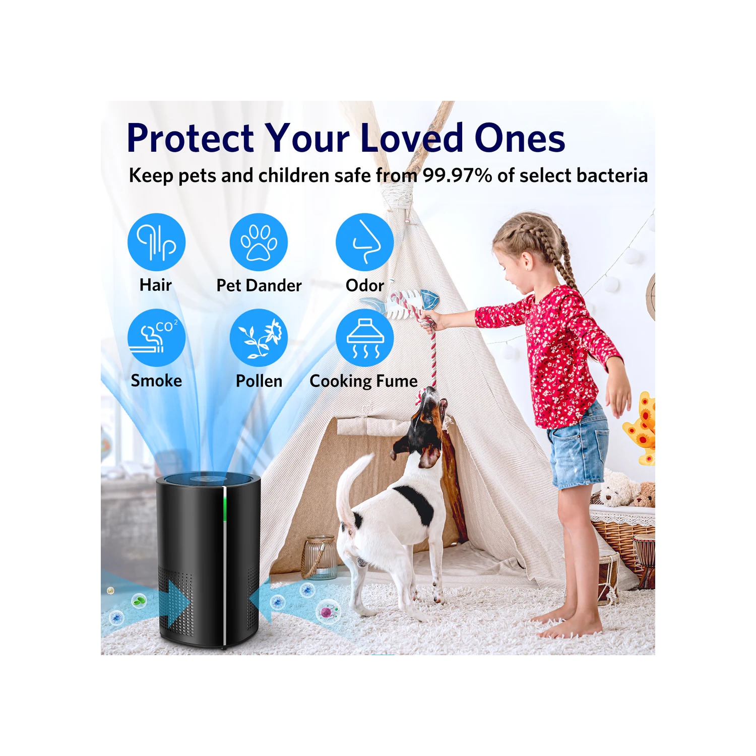 Purificateur d'air Air Choice Home 1485 pi2, H13 True HEPA, 99,97 % de propreté, poussière, fumée et éliminateur d'odeurs en noir