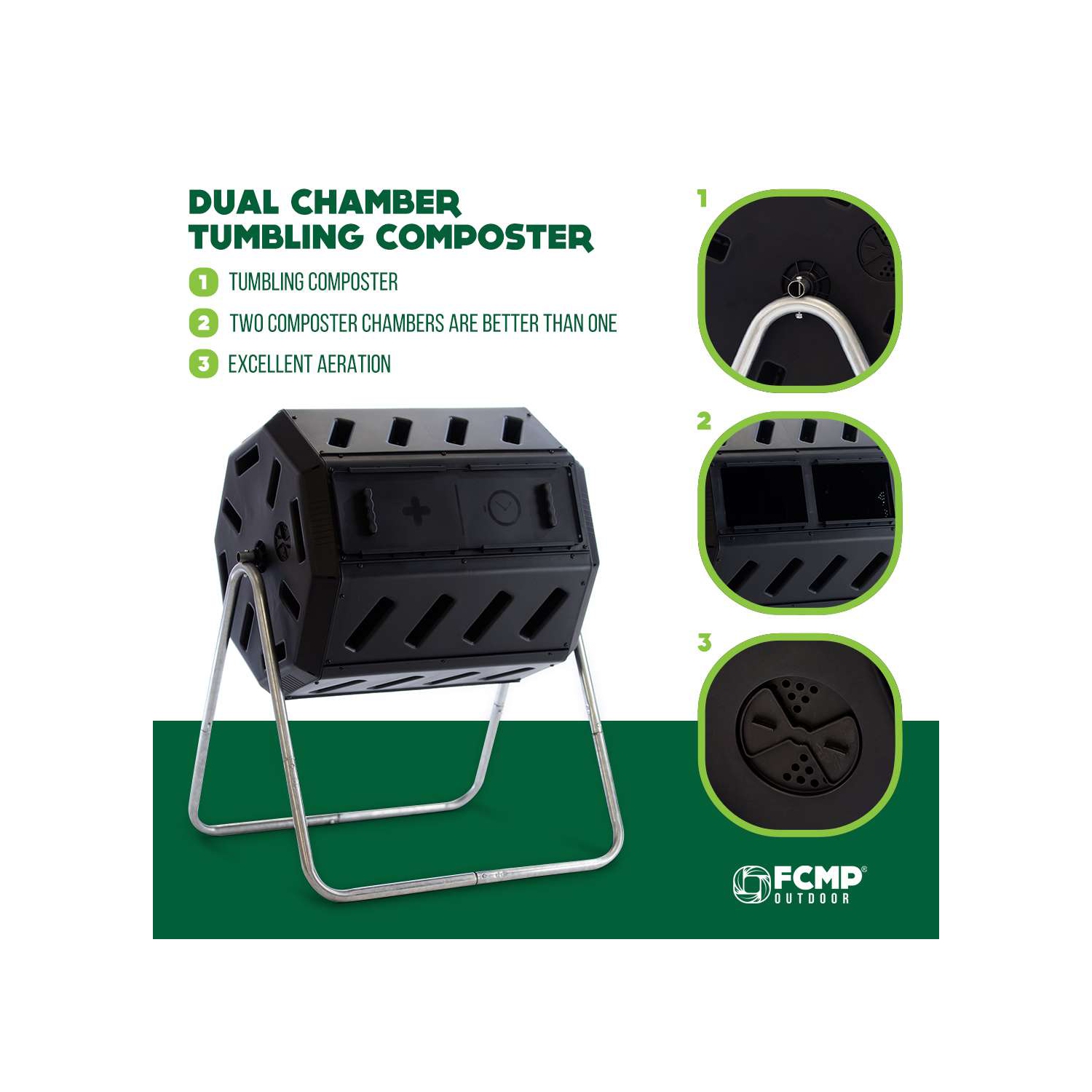FCMP Outdoor 37 Gallon Elevated Dual Chamber Tumbling Garden Composter Bin,Black