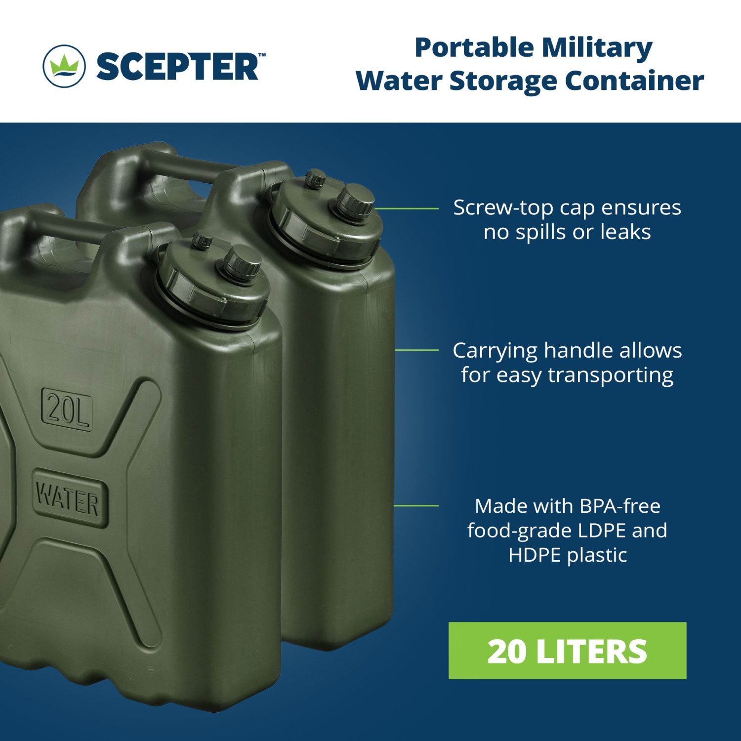 Scepter BPA Durable 5 Gallon Portable Water Storage Container, Green