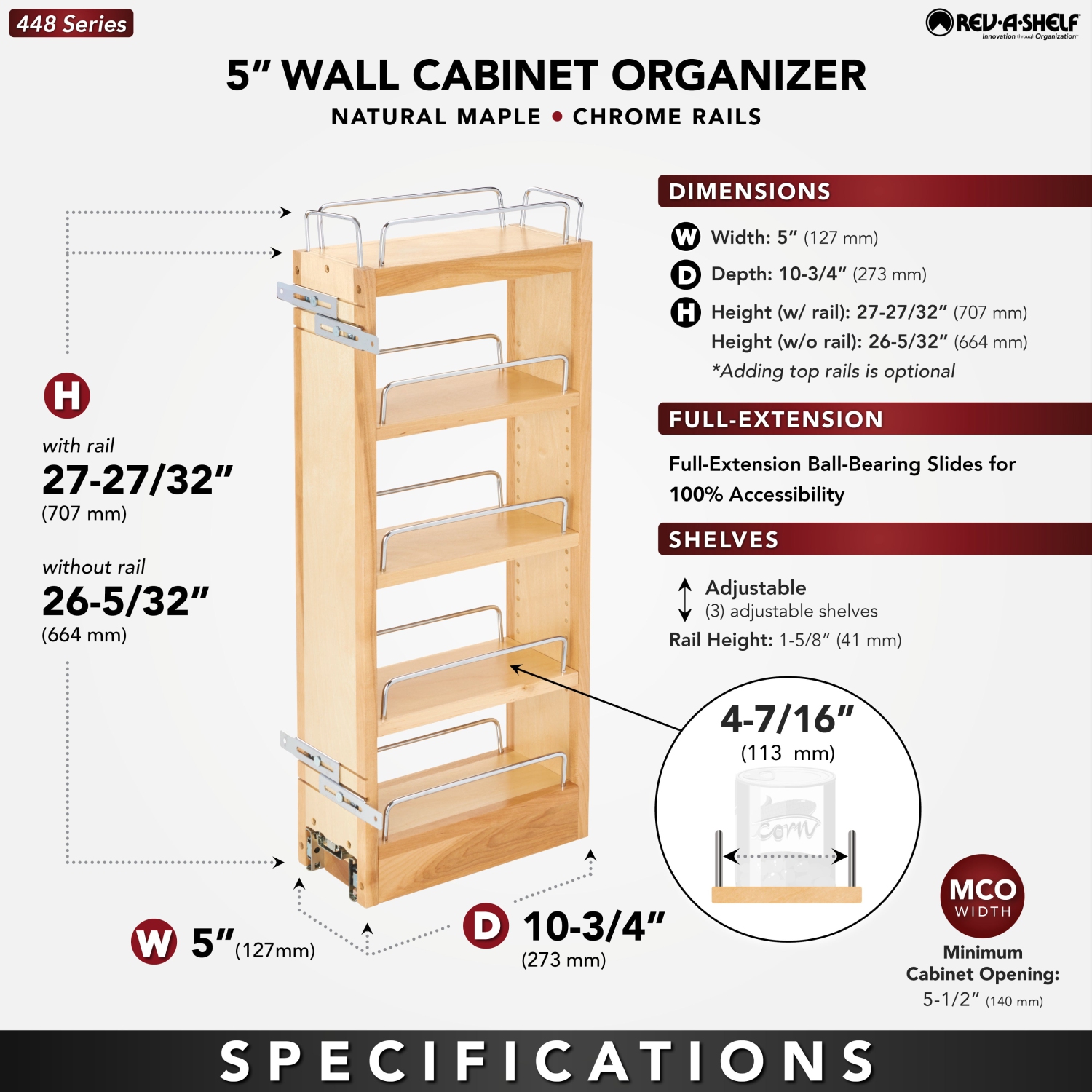 Étagère de rangement murale escamotable pour armoire de cuisine de 5&nbsp;po de Rev-A-Shelf, 448-WC-5C