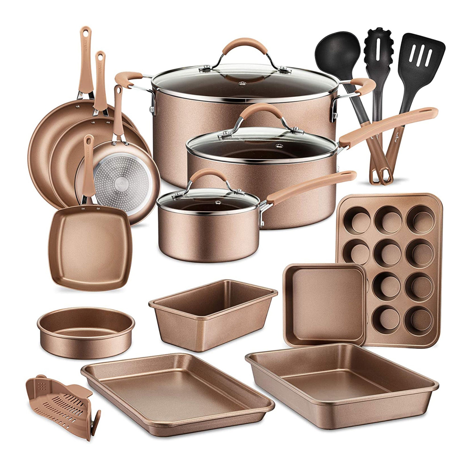 NutriChef 20 Piece Nonstick Kitchen Cookware Pots & Pans Set, Bronze