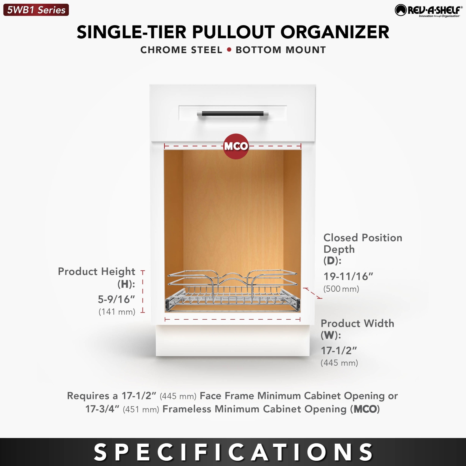 Rev-A-Shelf – Organisateur de panier coulissant pour armoires de cuisine ou de coiffeuse, 18 x 20&nbsp;po, 5WB1-1820CR-1