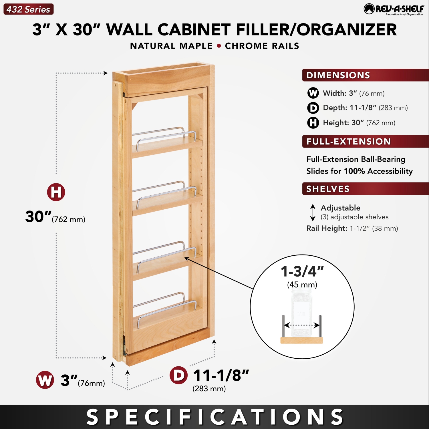 Rév-A-Shelf – Affiche de remplissage murale escamotable entre étagère d'armoire, 3 x 30&nbsp;po, 432-WF-3C