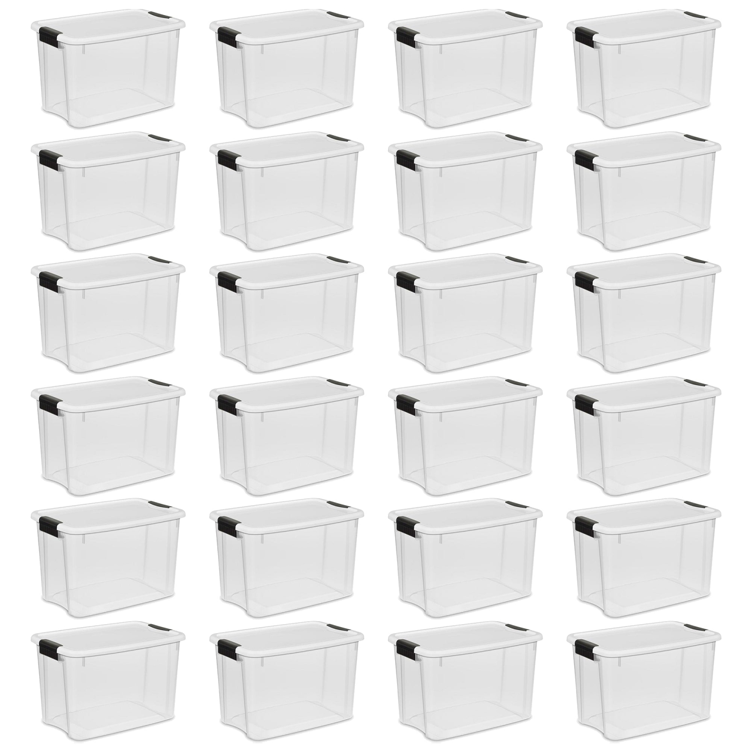Sterilite 30 Qt Clear Plastic Stackable Storage Bin w/ White Latch Lid, 24 Pack