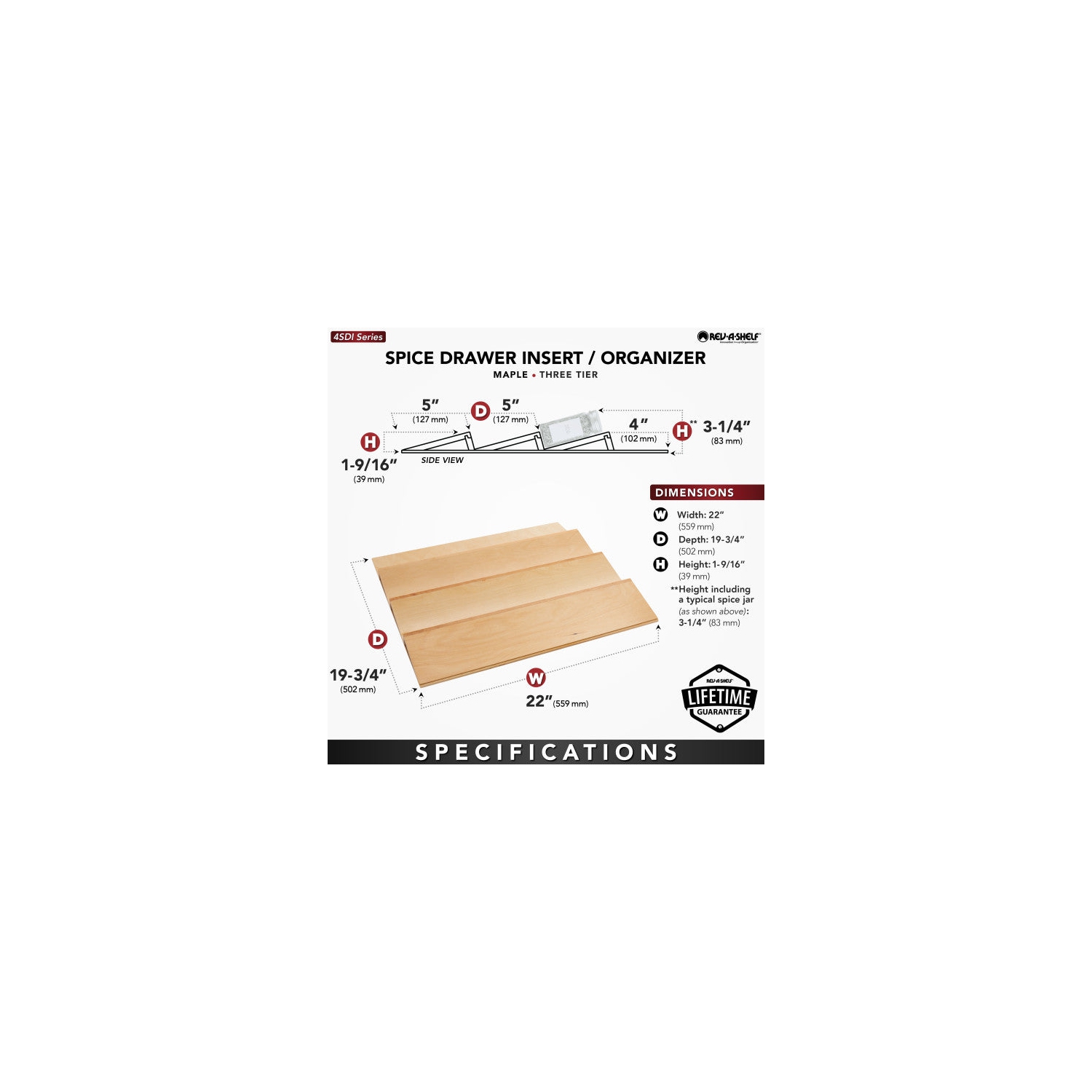 Rev-A-Shelf 22 Inch Kitchen Drawer Organizer Insert Spice Rack 3-Tier, 4SDI-24