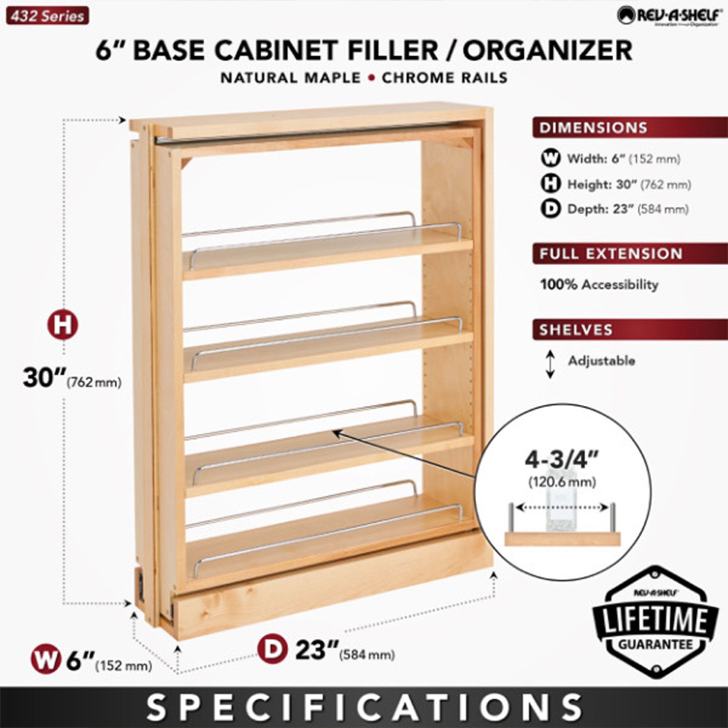 Rev-A-Shelf – Support à épices pour armoire de cuisine coulissante de 6 po, 432-BF-6C