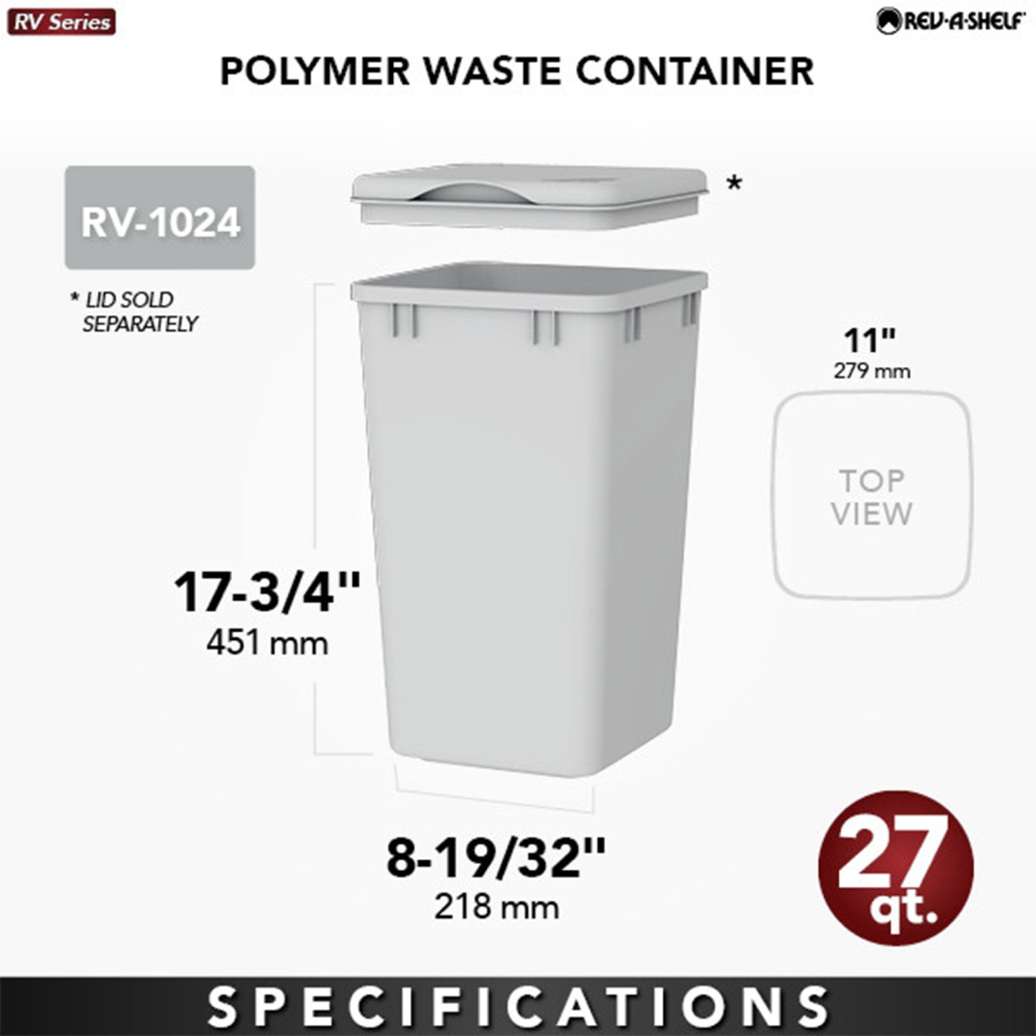 27 qt de rechange en polymère Rev-A-Shelf. Poubelle, argent, paquet de 2, RV-1024-17-2