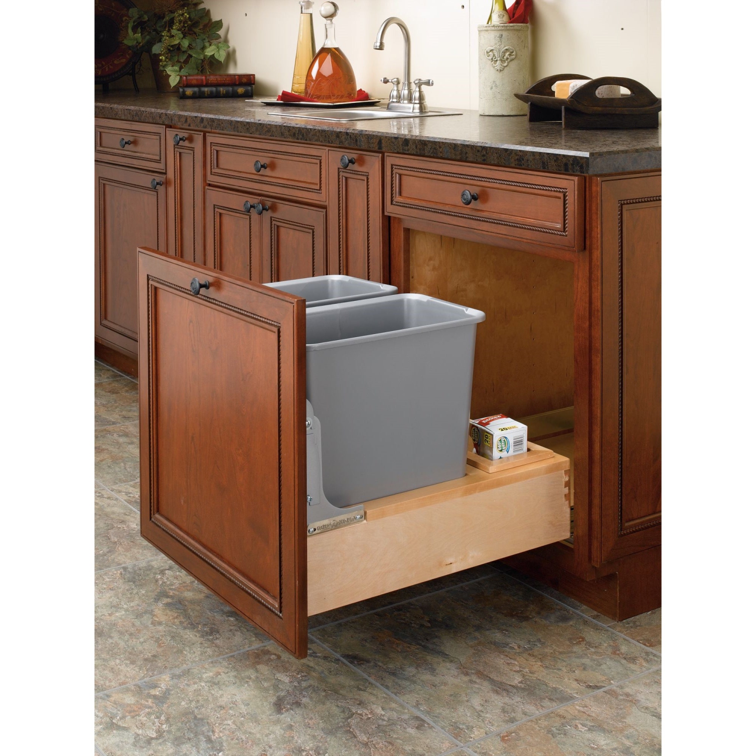 Rev-A-Shelf Double Pull Out Bottom Mount Trash Can 30 Qt, Gray, 4WCBM-2430DM-2