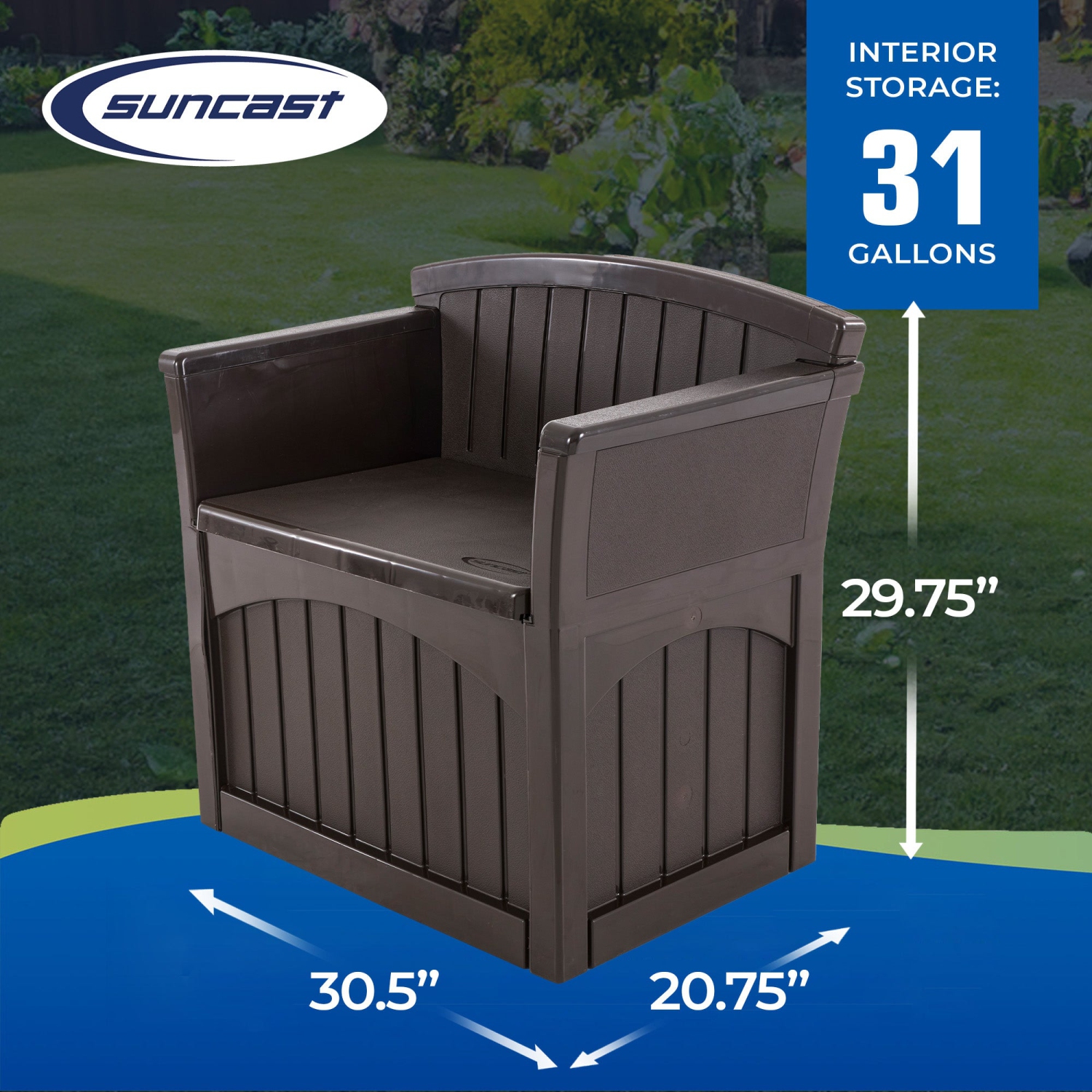 Suncast 31 Gallon Patio Seat Outdoor Storage and Bench Chair, Java | PB2600J