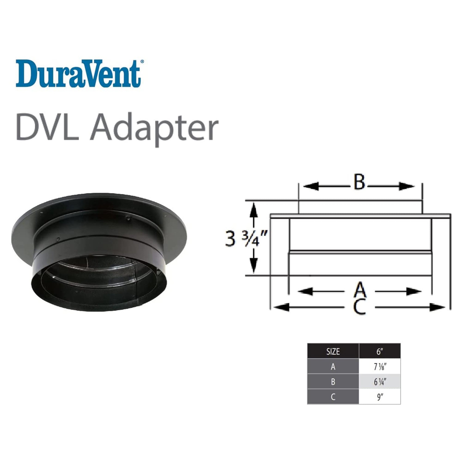 DVL DuraVent 9 x 9 po Adaptateur de plafond à double paroi en acier inoxydable galvanisé, noir