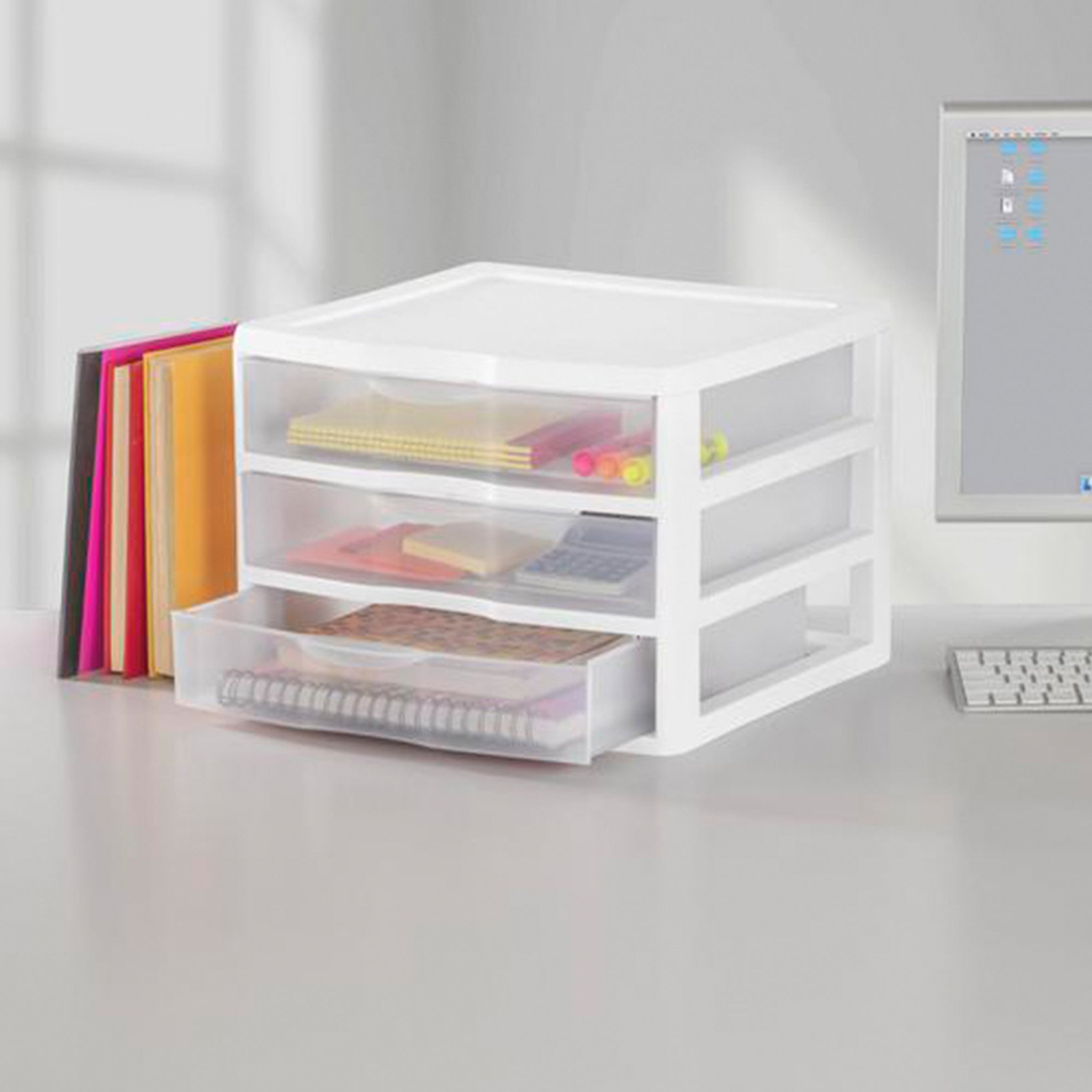 Sterilite – petit système de rangement empilable en plastique transparent à 3 tiroirs, blanc