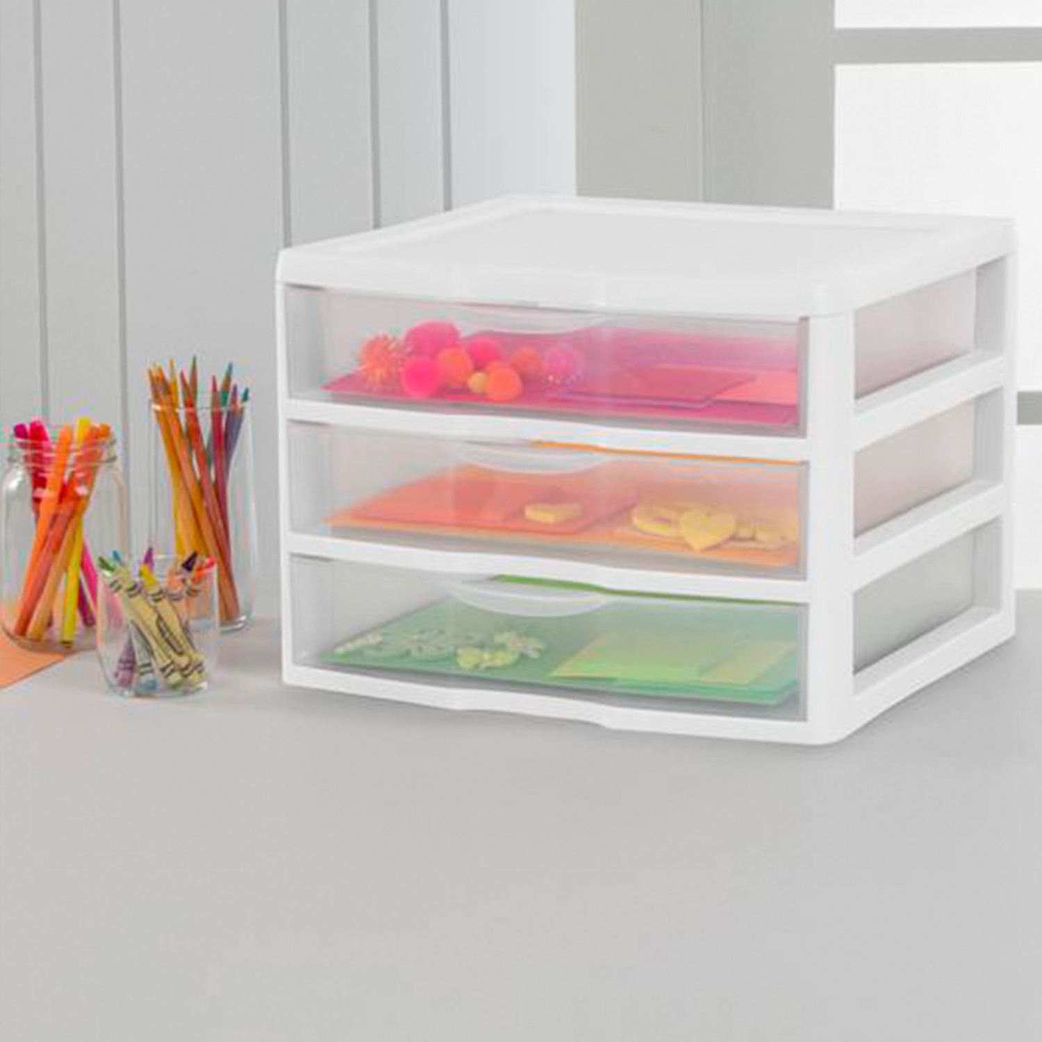 Sterilite – petit système de rangement empilable en plastique transparent à 3 tiroirs, blanc