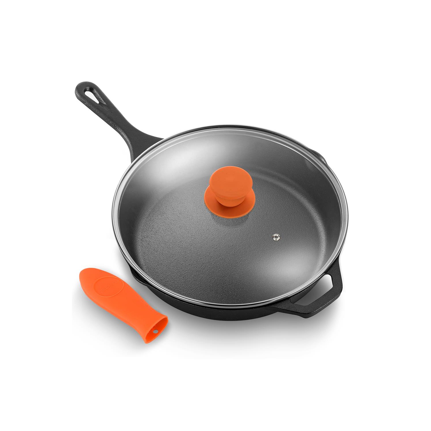 12'' Pre-Seasoned Cast Iron Pan - Fry Pan with Glass Lid & Silicone Handle