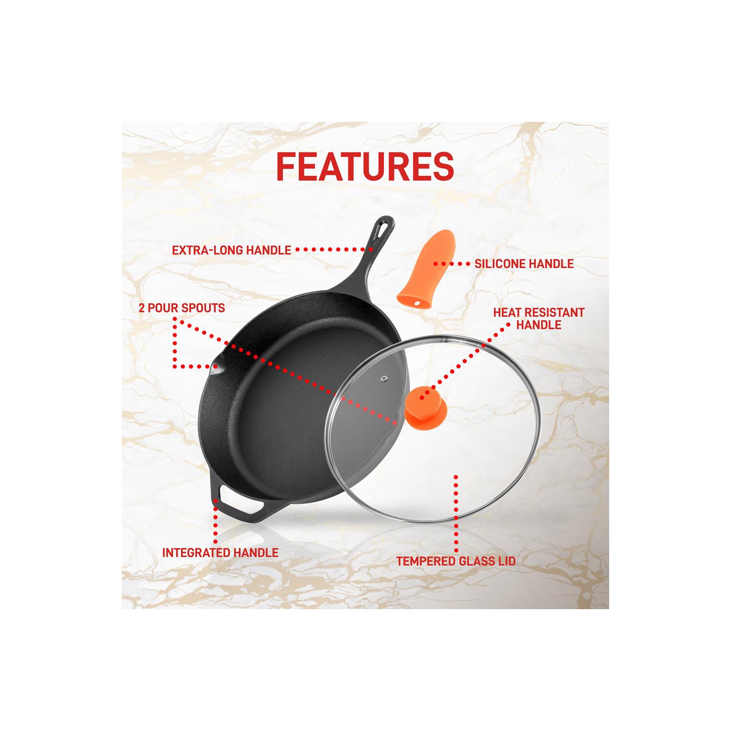 12'' Pre-Seasoned Cast Iron Pan - Fry Pan with Glass Lid & Silicone Handle