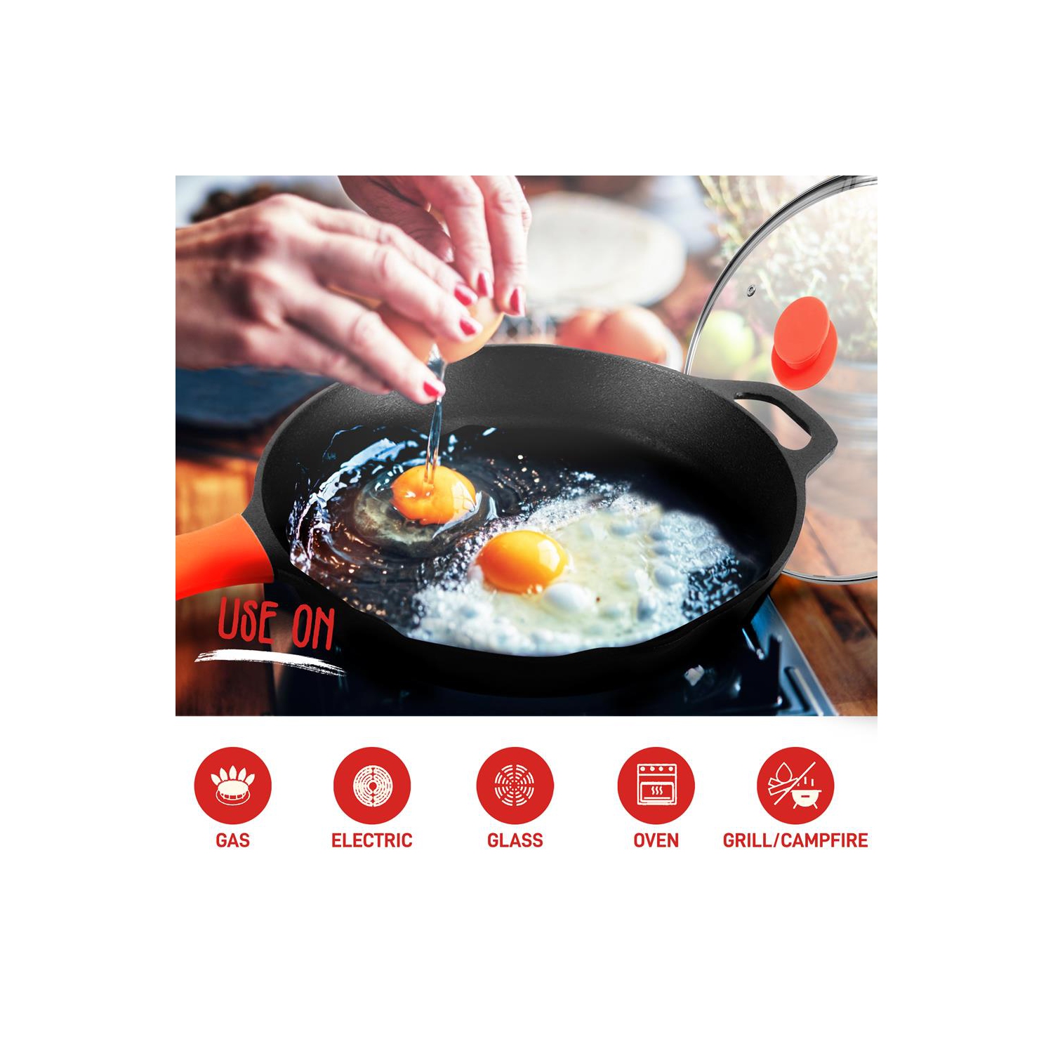 12'' Pre-Seasoned Cast Iron Pan - Fry Pan with Glass Lid & Silicone Handle