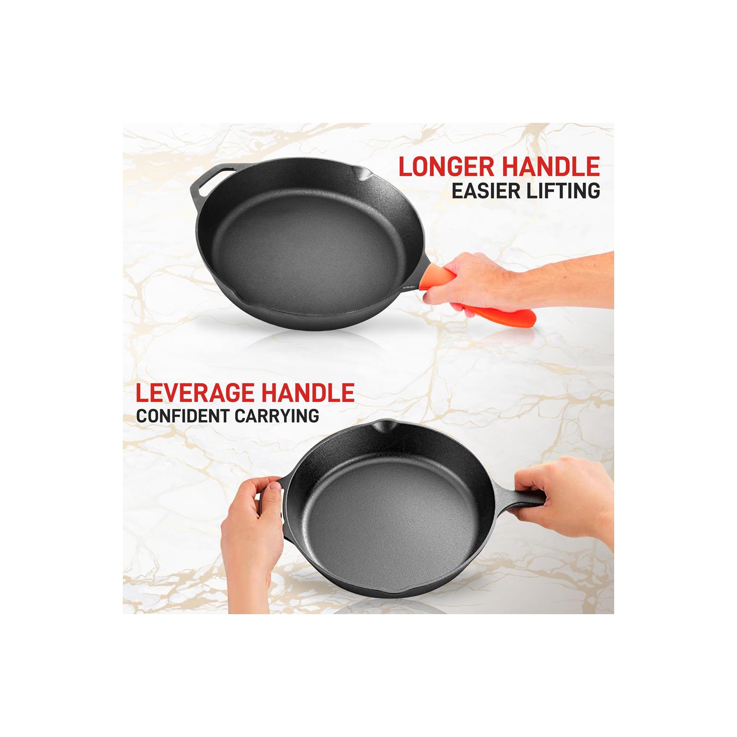 12'' Pre-Seasoned Cast Iron Pan - Fry Pan with Glass Lid & Silicone Handle